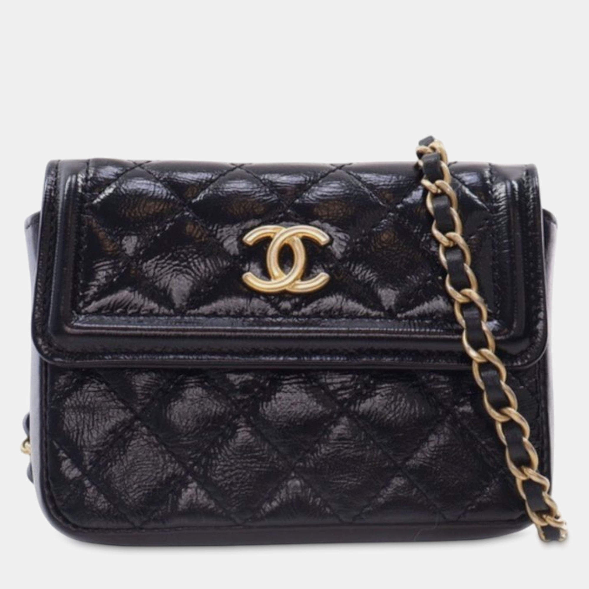 Pre Owned Chanel Black Quilted Shiny Aged Calfskin Waist Belt Bag