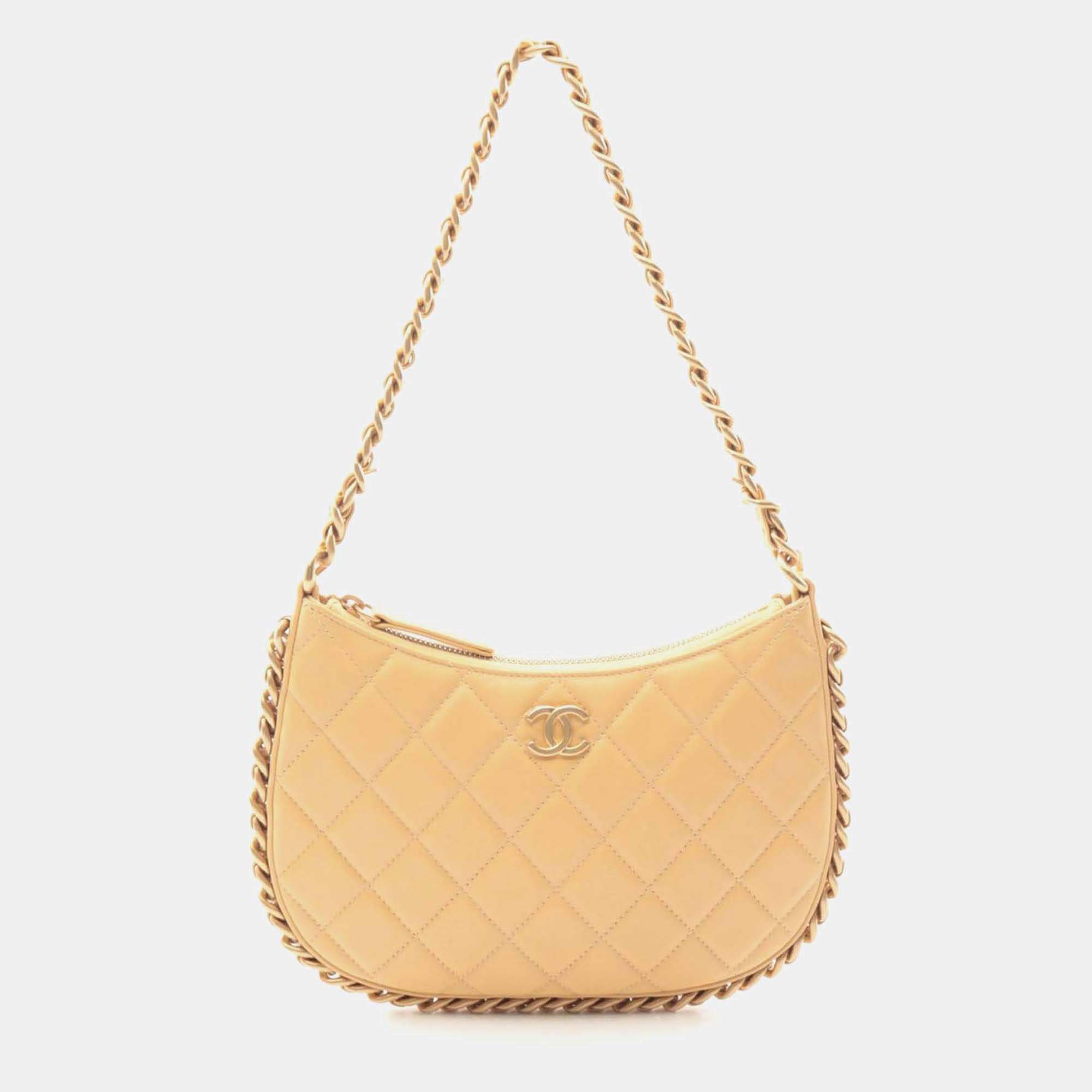 Pre Owned Chanel Chain Around Beige Leather Hobo Bag
