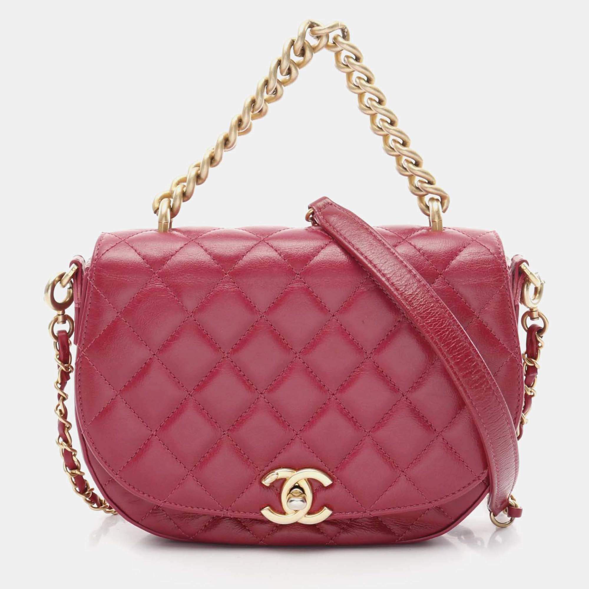 Pre Owned Chanel CC Turnlock Red Quilted Leather Chain Shoulder Bag