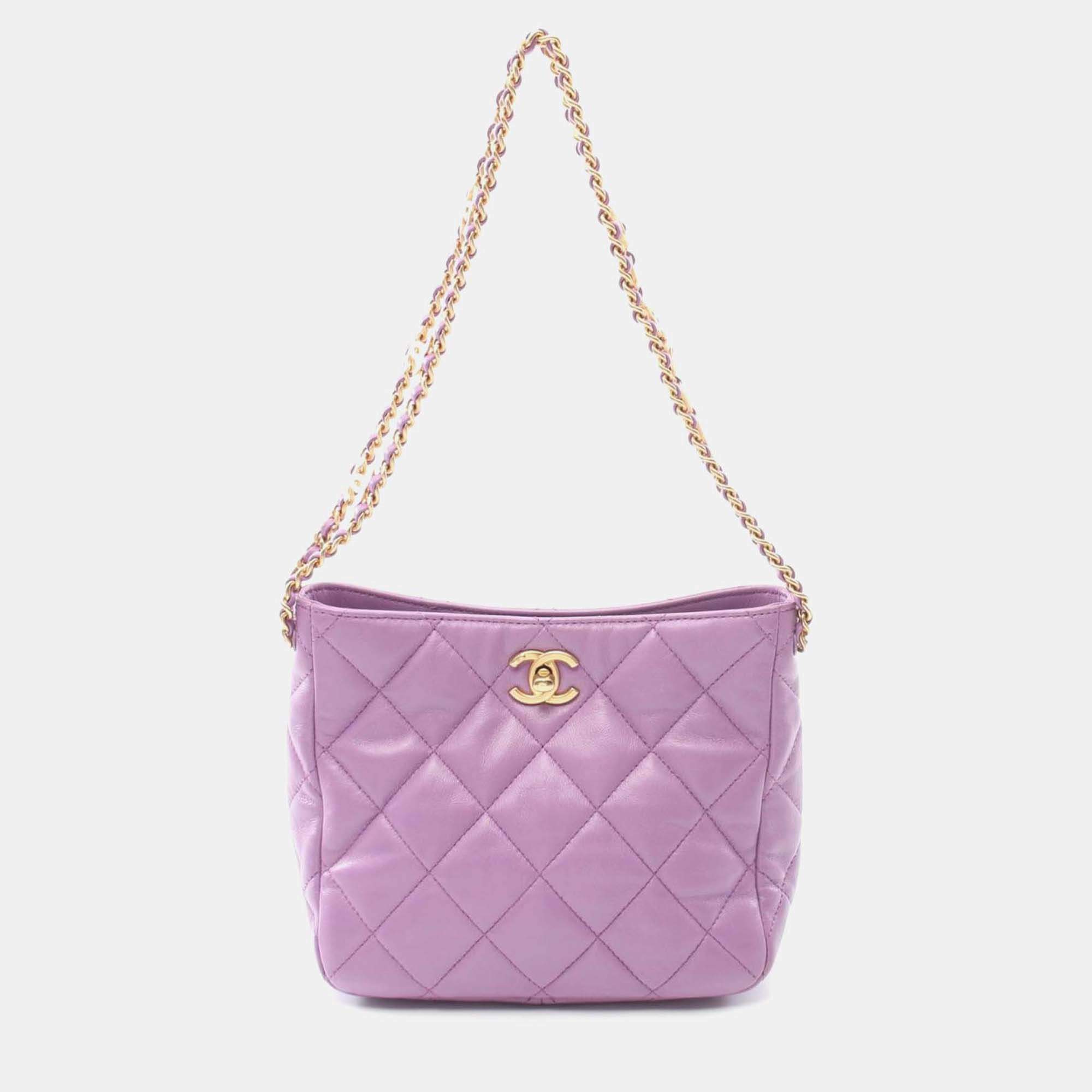 Pre Owned Chanel Pick Me Up Small Purple Lambskin Hobo Bag