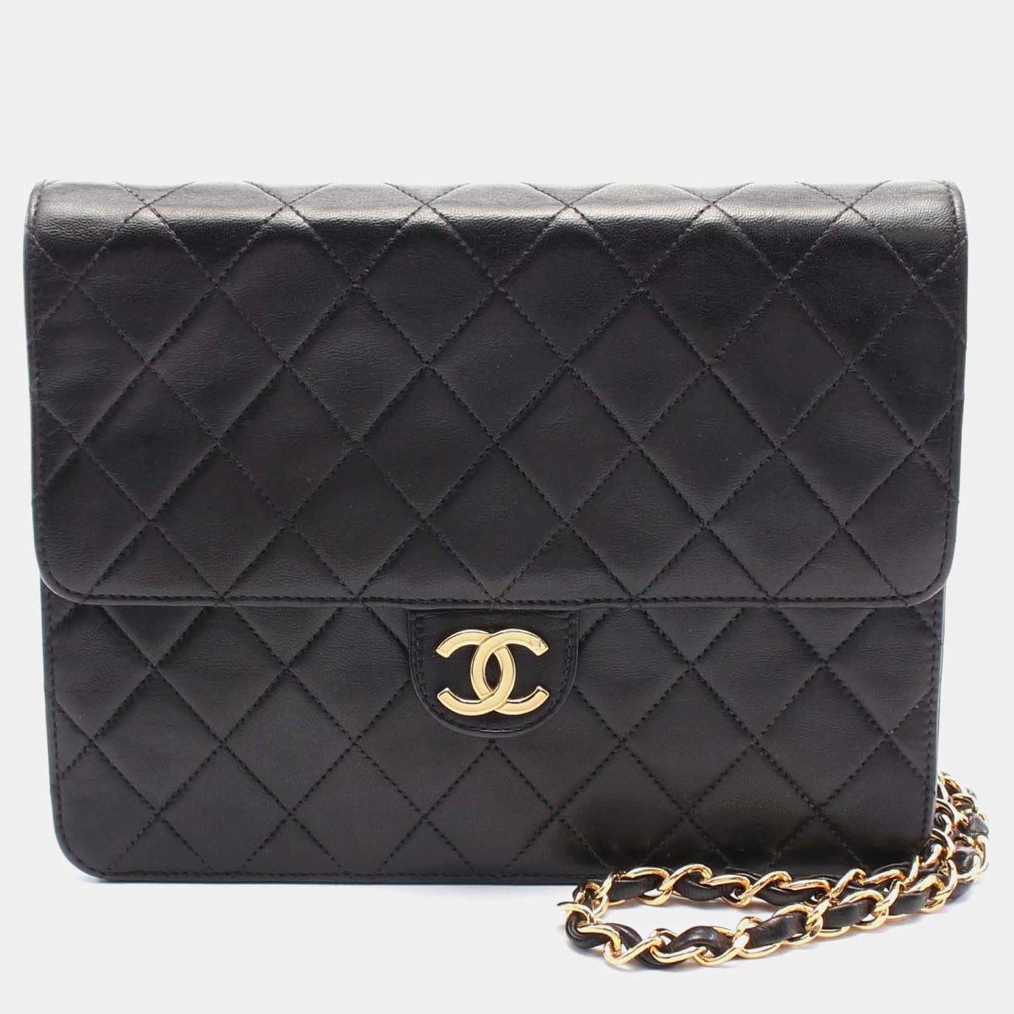 Pre Owned Chanel Square Flap Black Leather Shoulder Bag