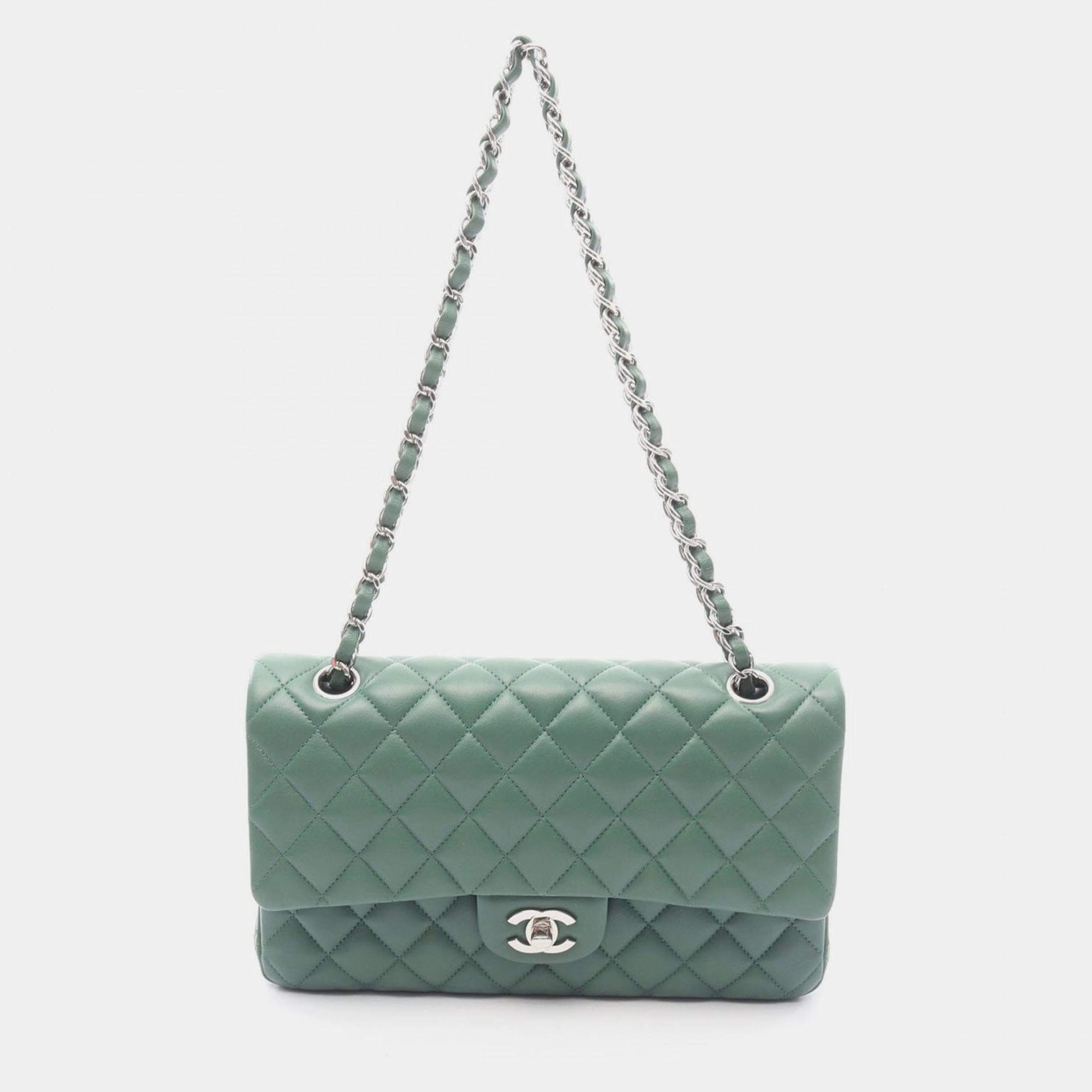 Pre Owned Chanel Classic Double Flap Green Leather Shoulder Bag