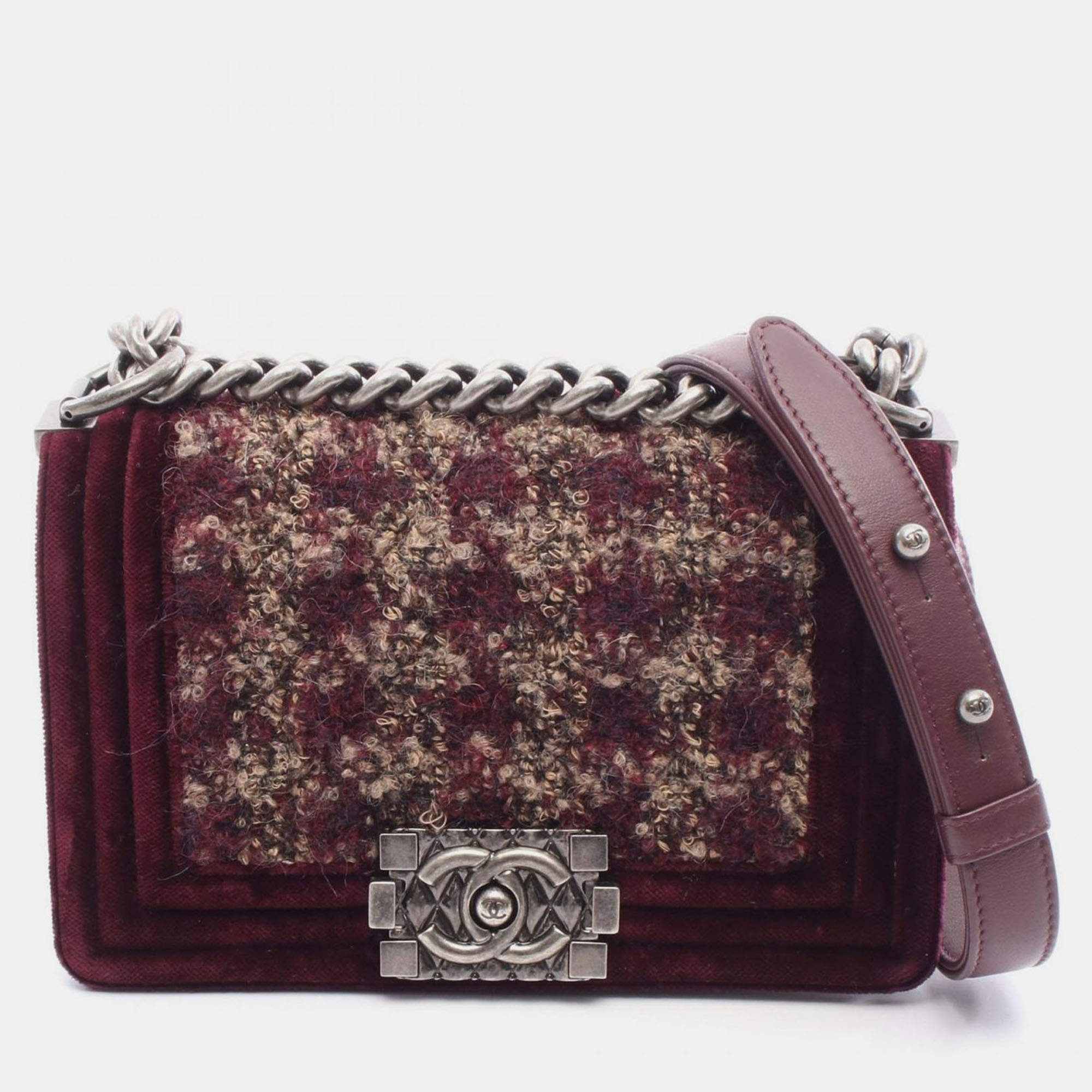 Pre Owned Chanel Boy Small Bordeaux Tweed, Leather Shoulder Bag