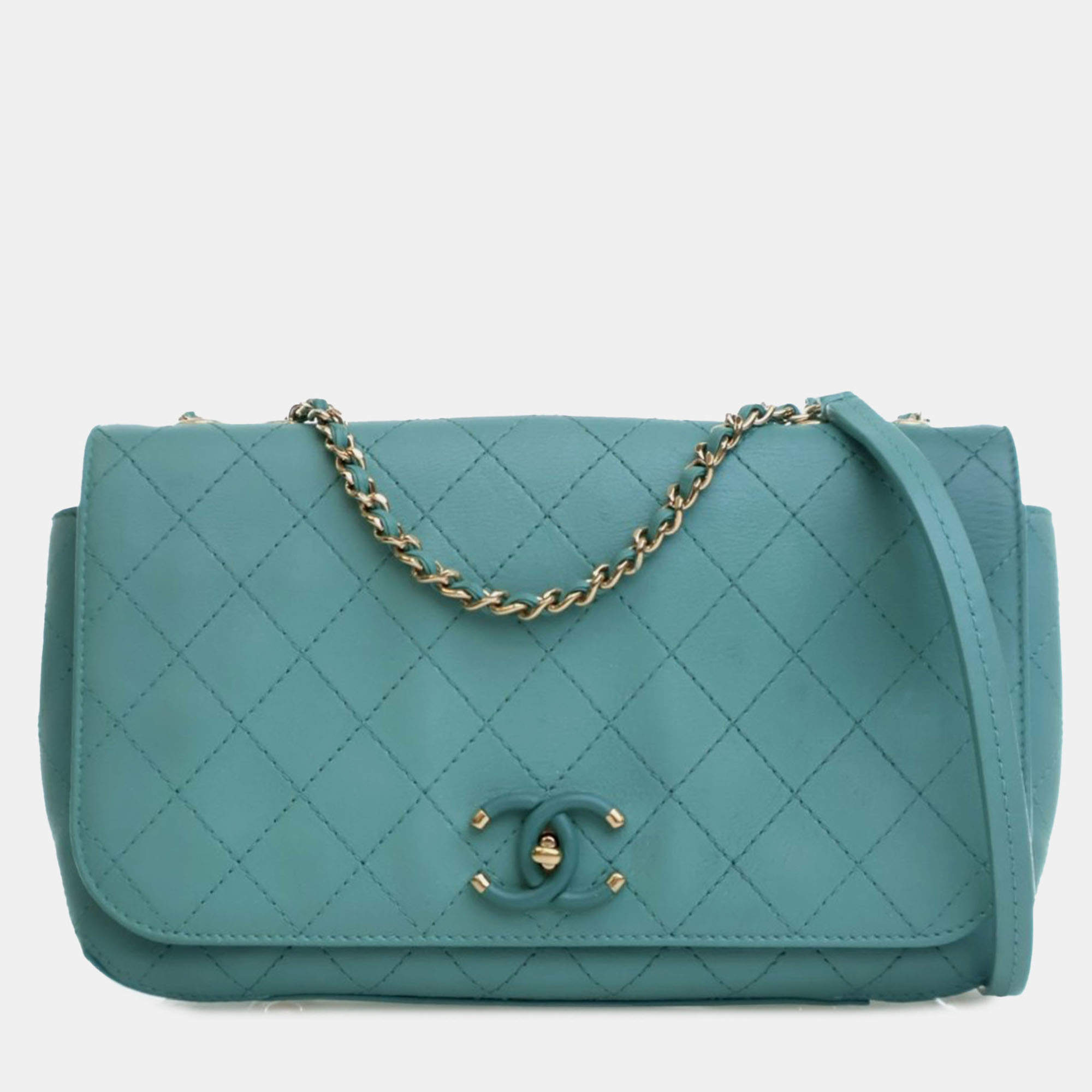 Pre Owned Chanel Blue Medium Stitched Calfskin Covered CC Flap