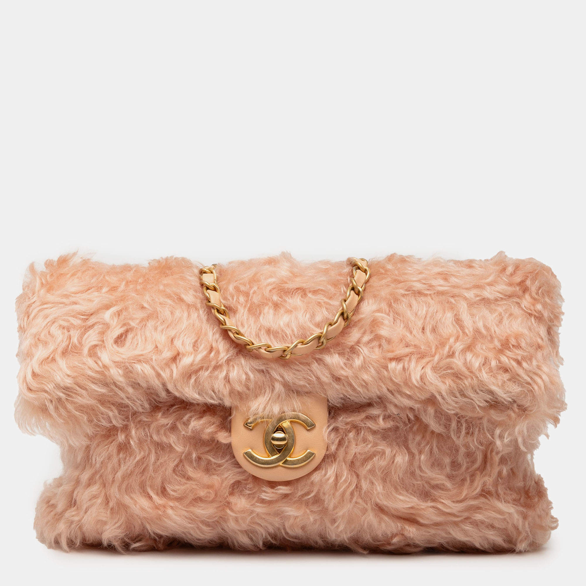 Pre Owned Chanel Pink CC Fantasy Fur Clutch with Chain