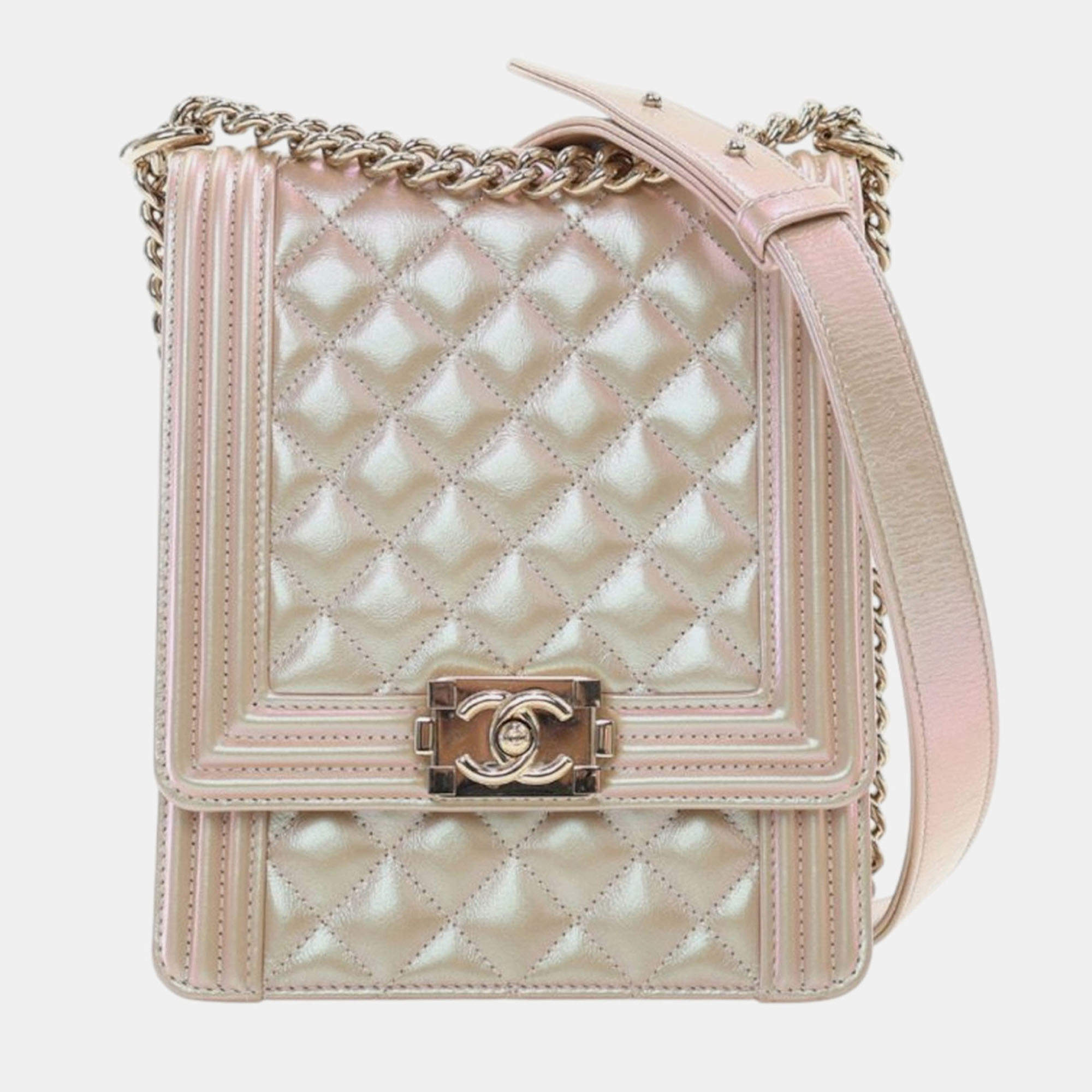 Pre Owned Chanel Gold Quilted Iridescent Calfskin North South Boy Flap