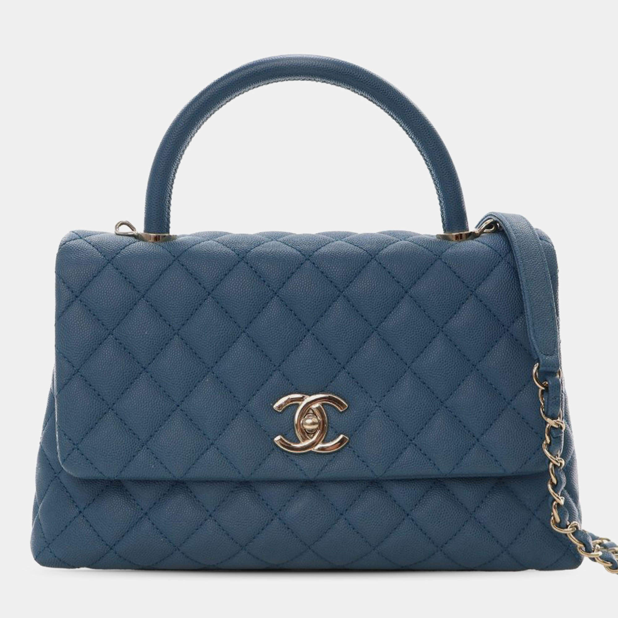Pre Owned Chanel Blue Small Quilted Caviar Coco Top Handle Bag