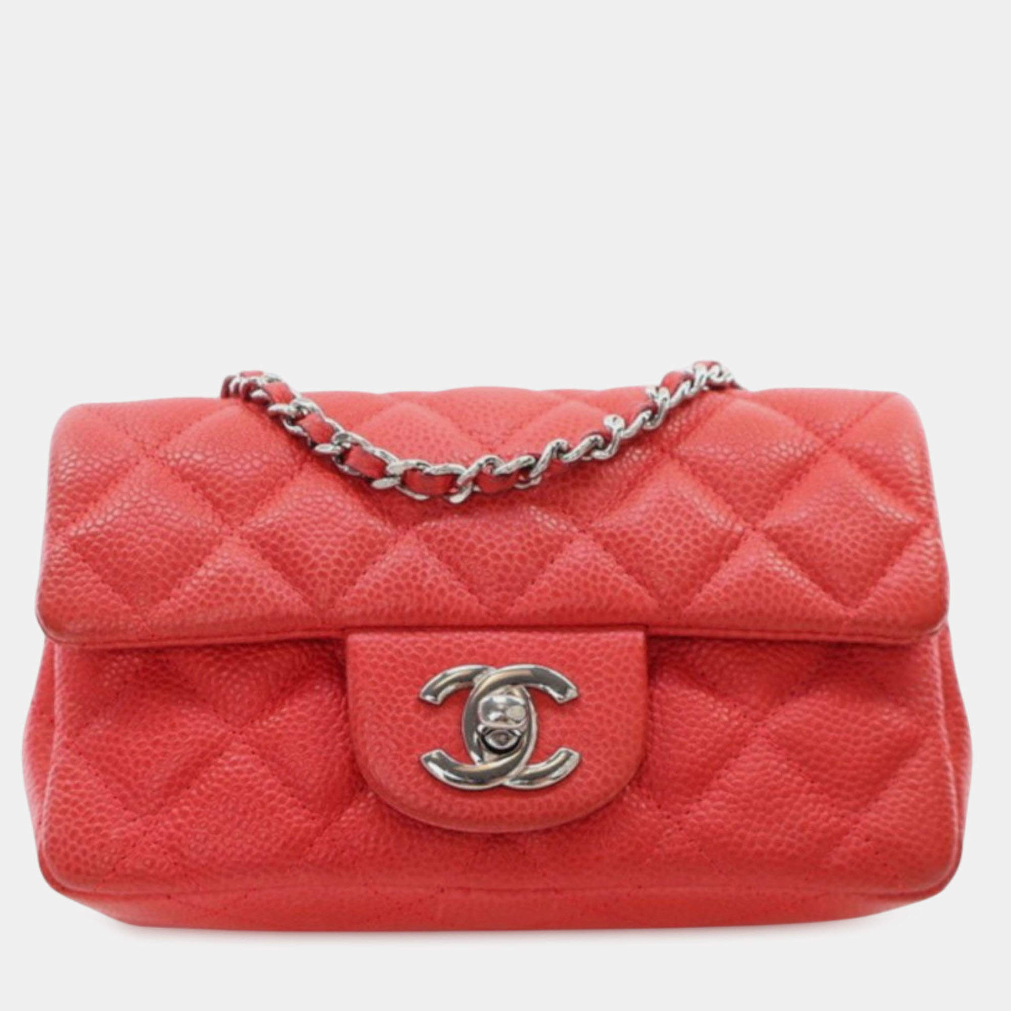 Pre Owned Chanel Red Extra Mini Rectangular Classic Caviar Single Flap