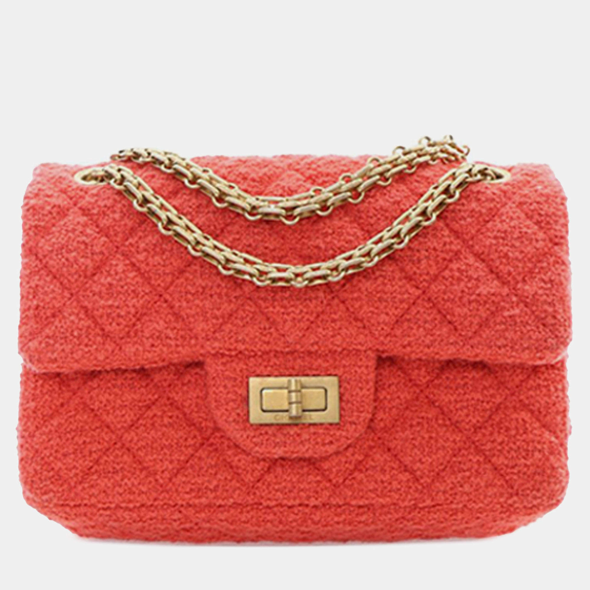 Pre Owned Chanel Red Mini Reissue 2.55 Tweed Single Flap 224
