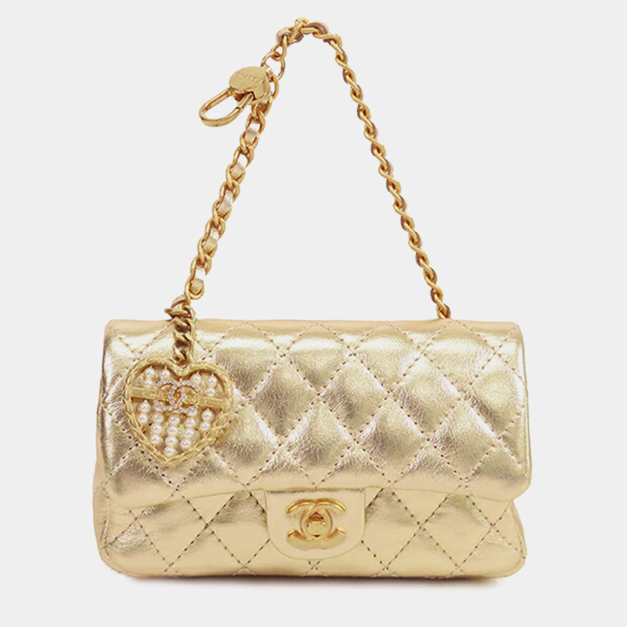 Pre Owned Chanel Gold Mini Classic Metallic Calfskin Charm Double Flap