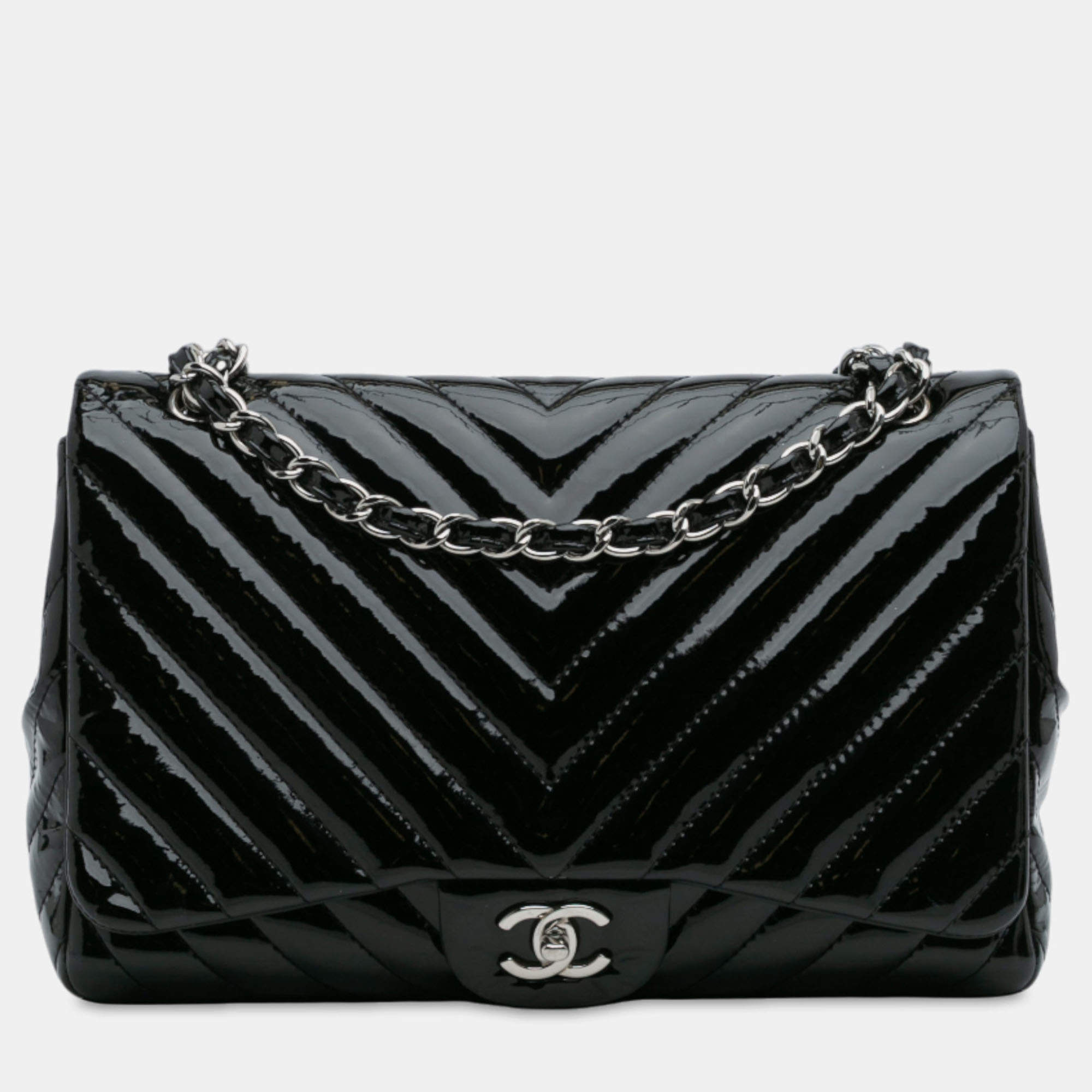 Pre Owned Chanel Black Jumbo Classic Chevron Patent Single Flap