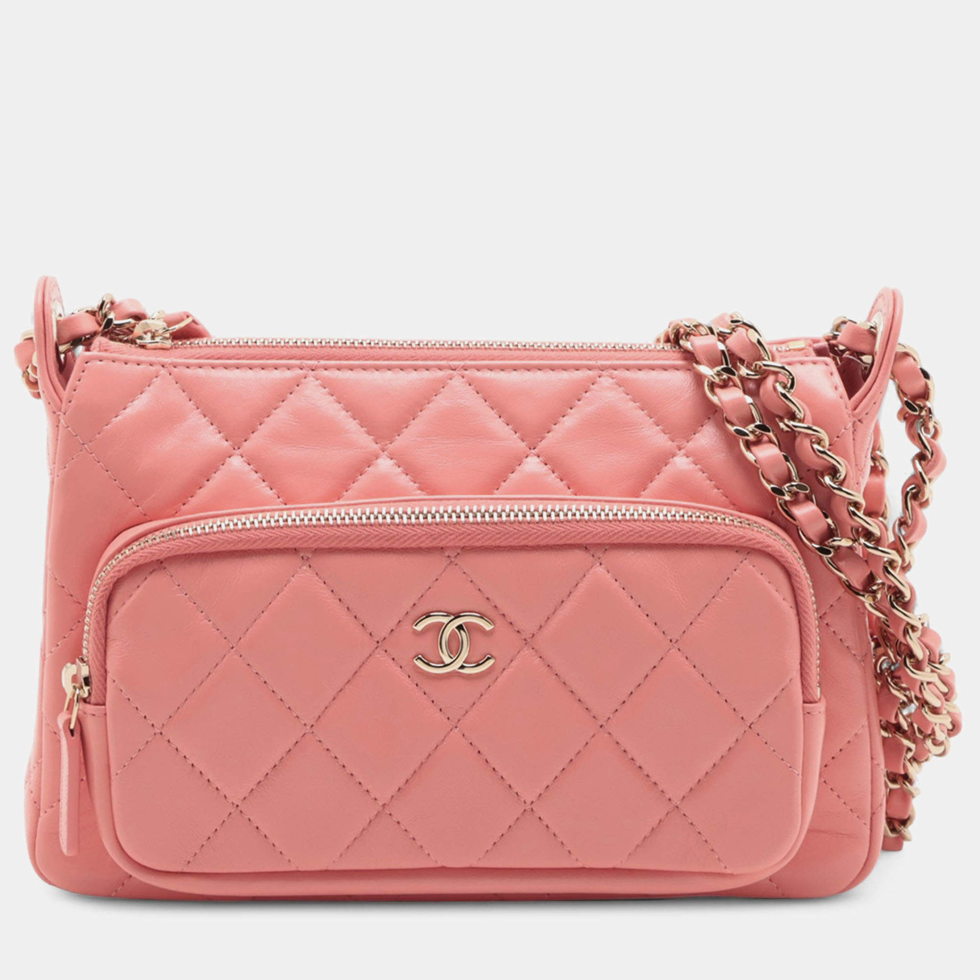 Pre Owned Chanel Pink Small Quilted Lambskin Clutch with Chain Shoulder Bag