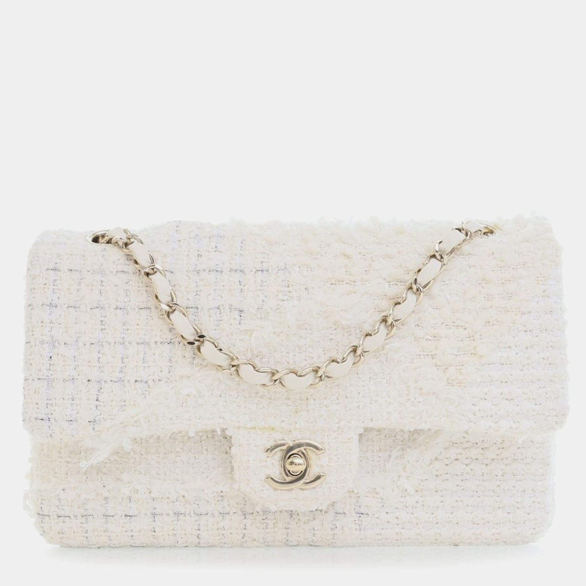 Pre Owned Chanel White Medium Classic Tweed Double Flap