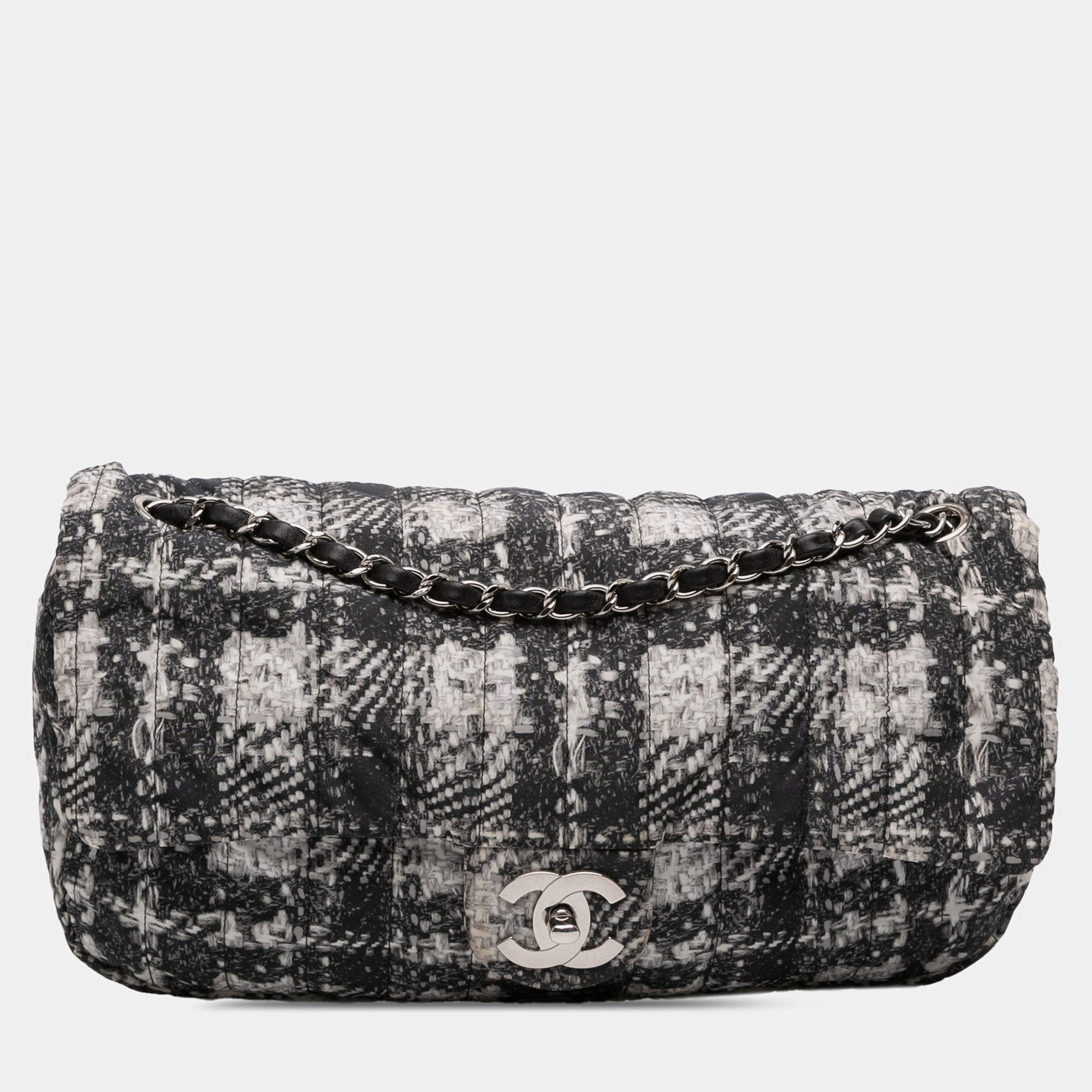 Pre Owned Chanel Black Grey CC Tweed Print Nylon Single Flap