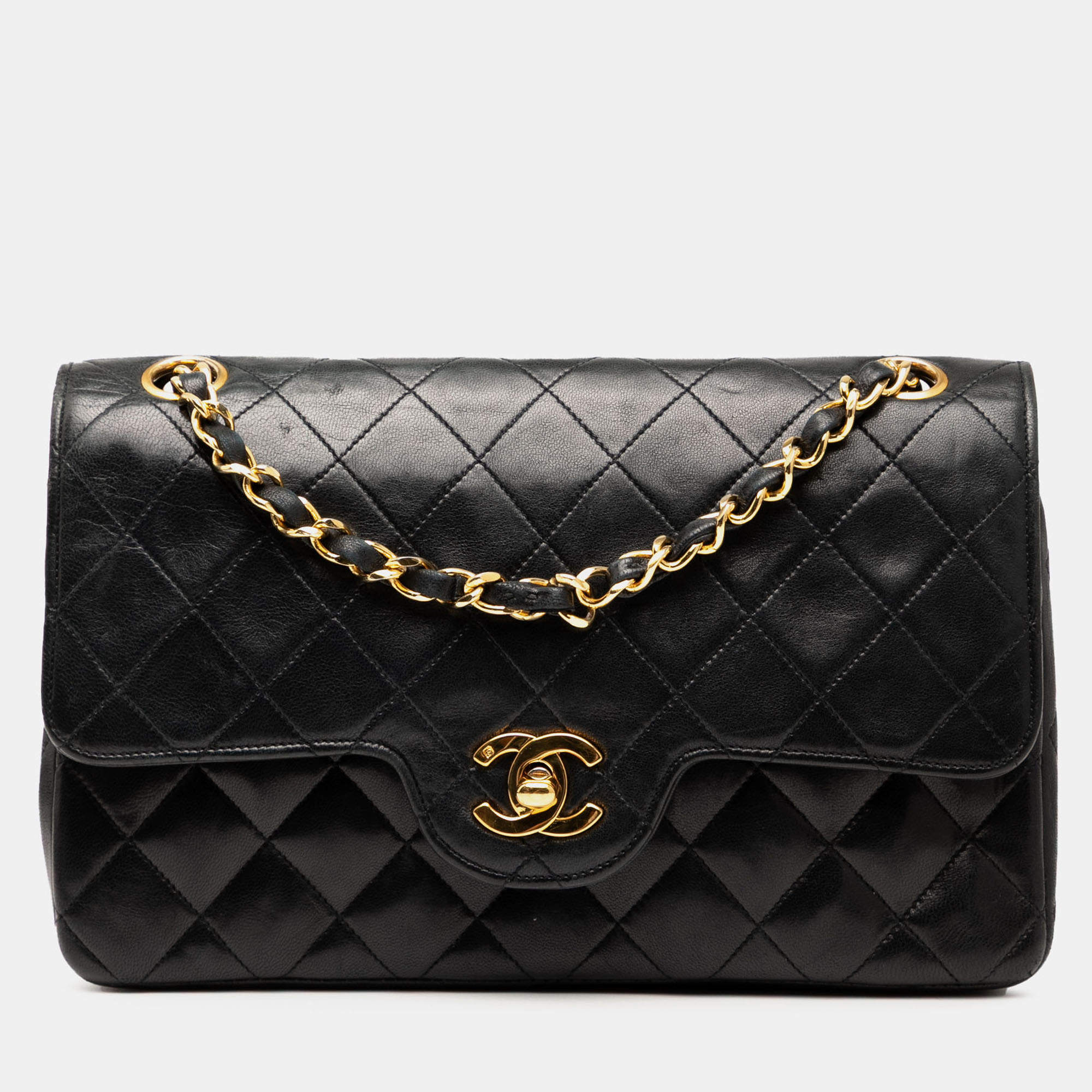 Pre Owned Chanel Black Small CC Quilted Lambskin Double Flap