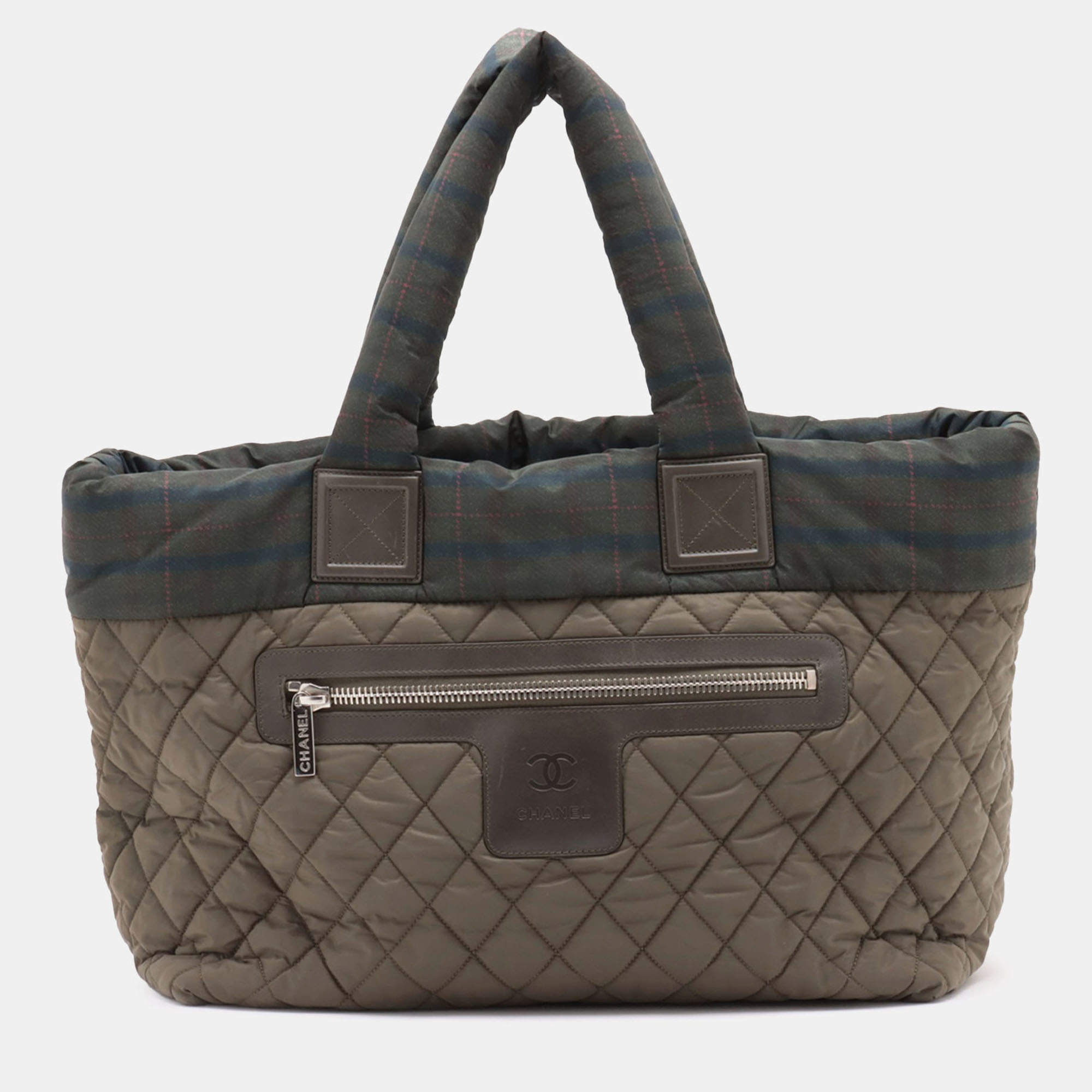 Pre Owned Chanel Brown Green Medium Quilted Nylon Coco Cocoon Tote