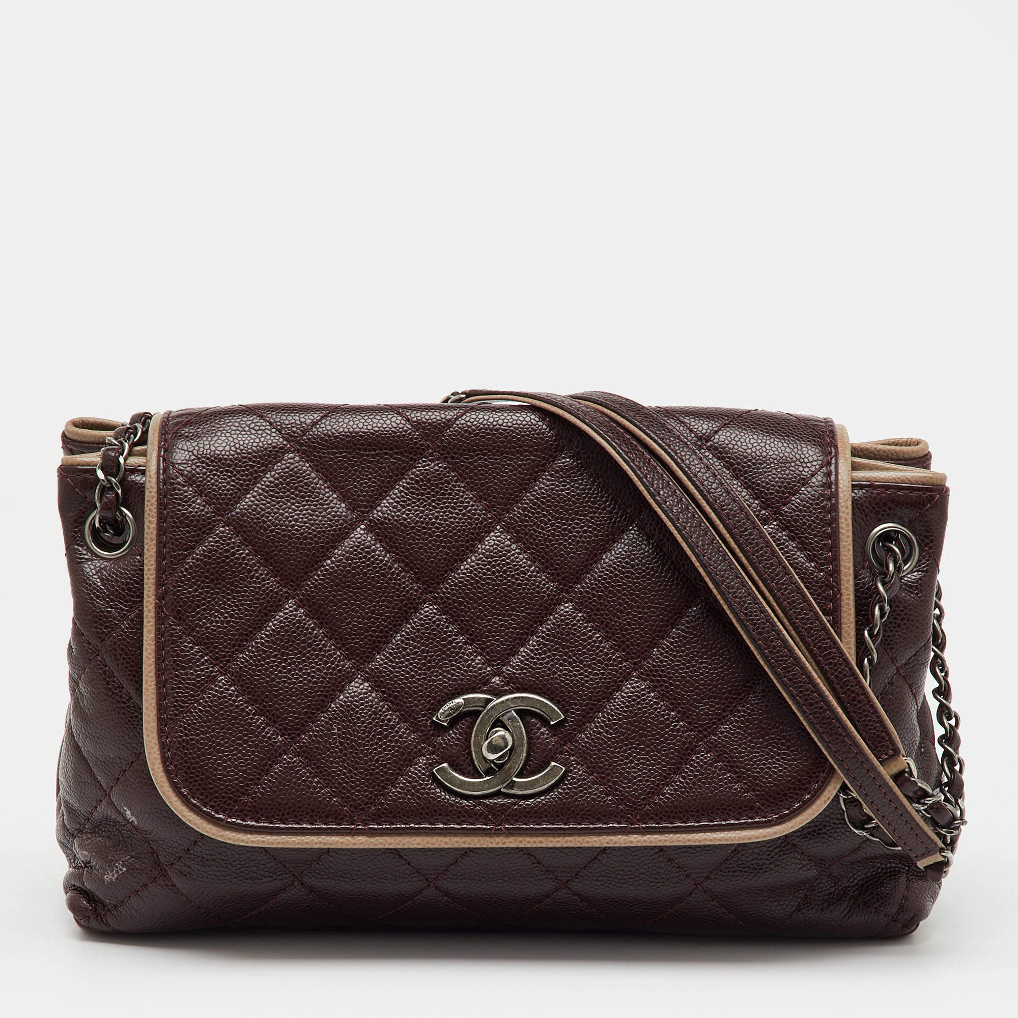 Pre Owned Chanel Burgundy Quilted Caviar Leather Wild Stitch Accordion Flap Bag