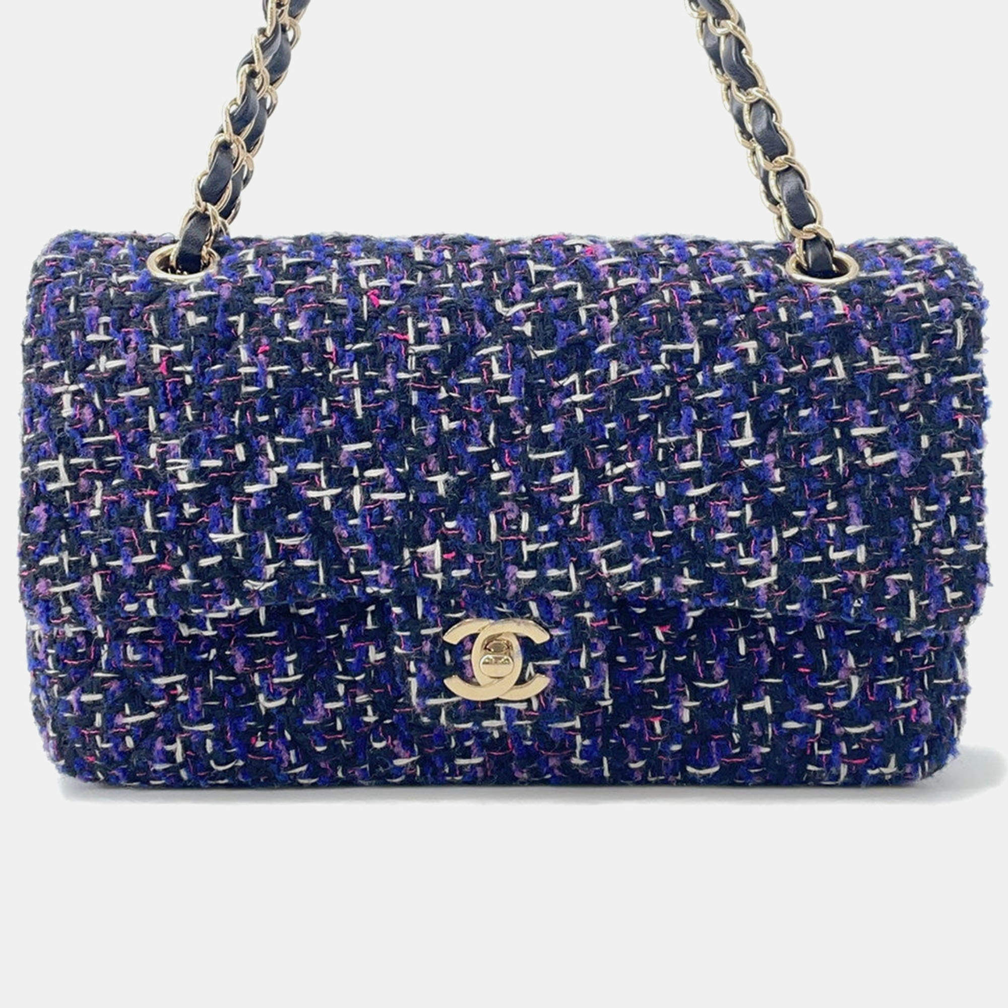 Pre Owned Chanel Matelasse Double Flap Chain shoulder Purple/Black Tweed Size 25