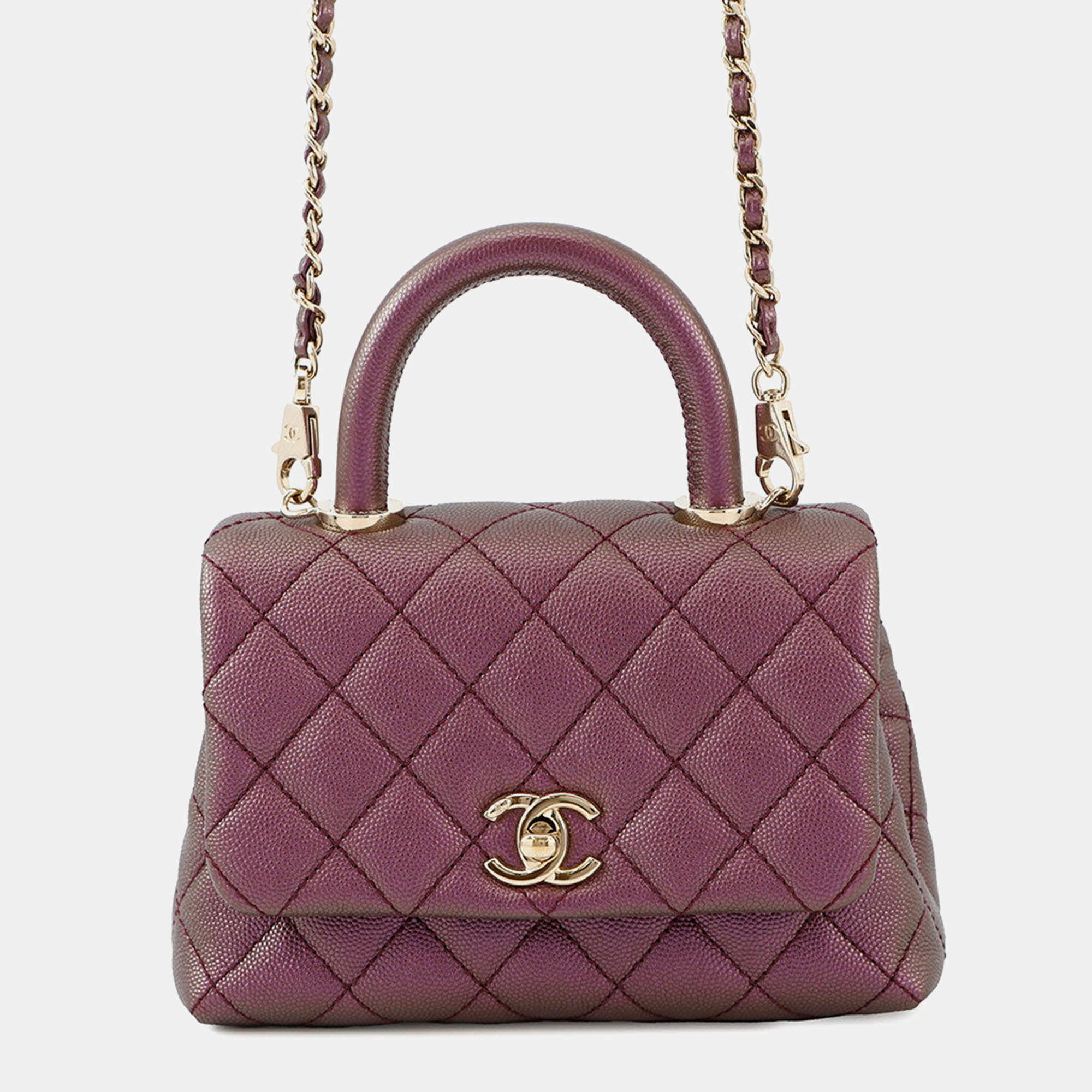 Pre Owned Chanel Coco Handle Matelasse Handbag Metalicpurple Caviar Leather Size Xxs
