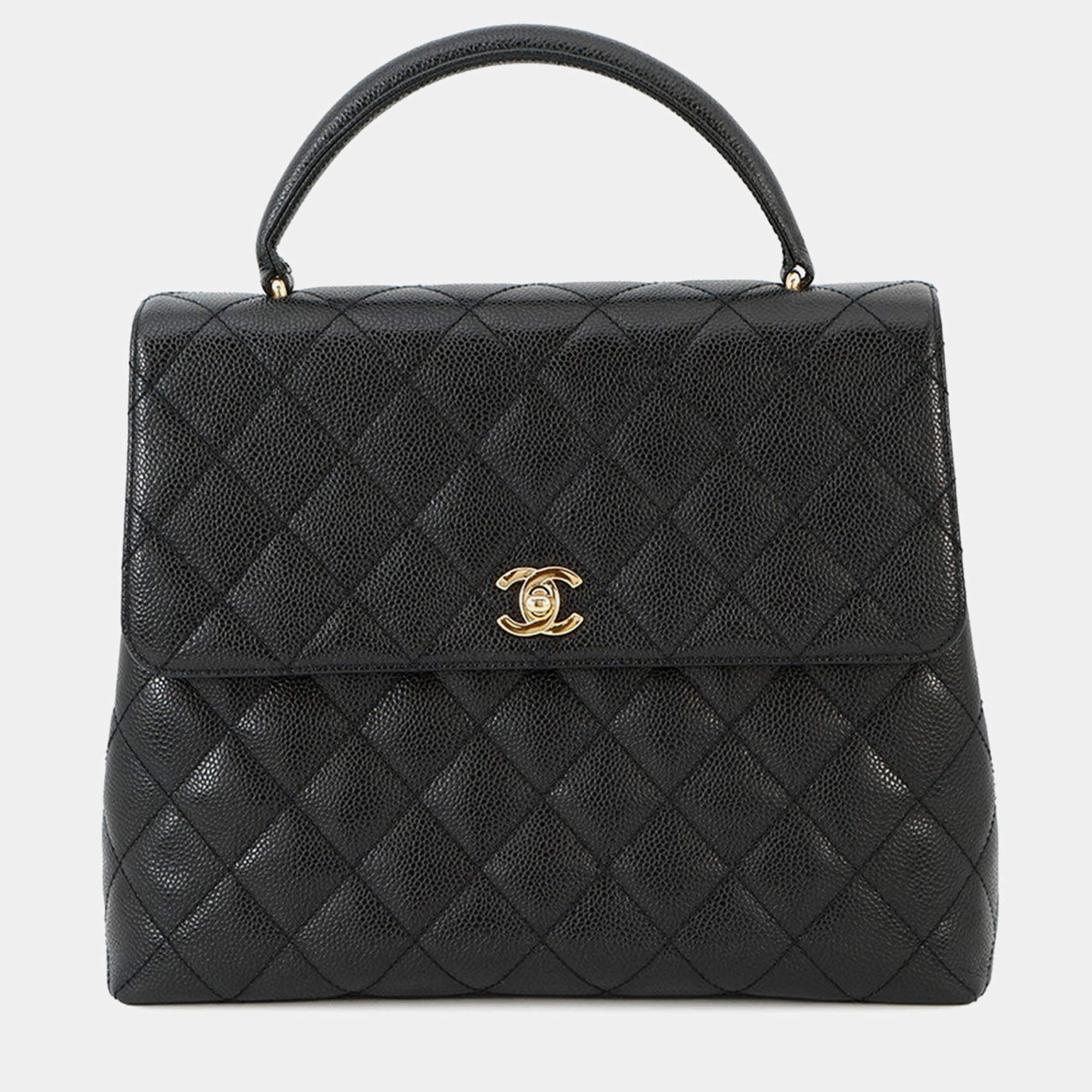 Pre Owned Chanel Cc Logo Handbag Black Caviar Leather