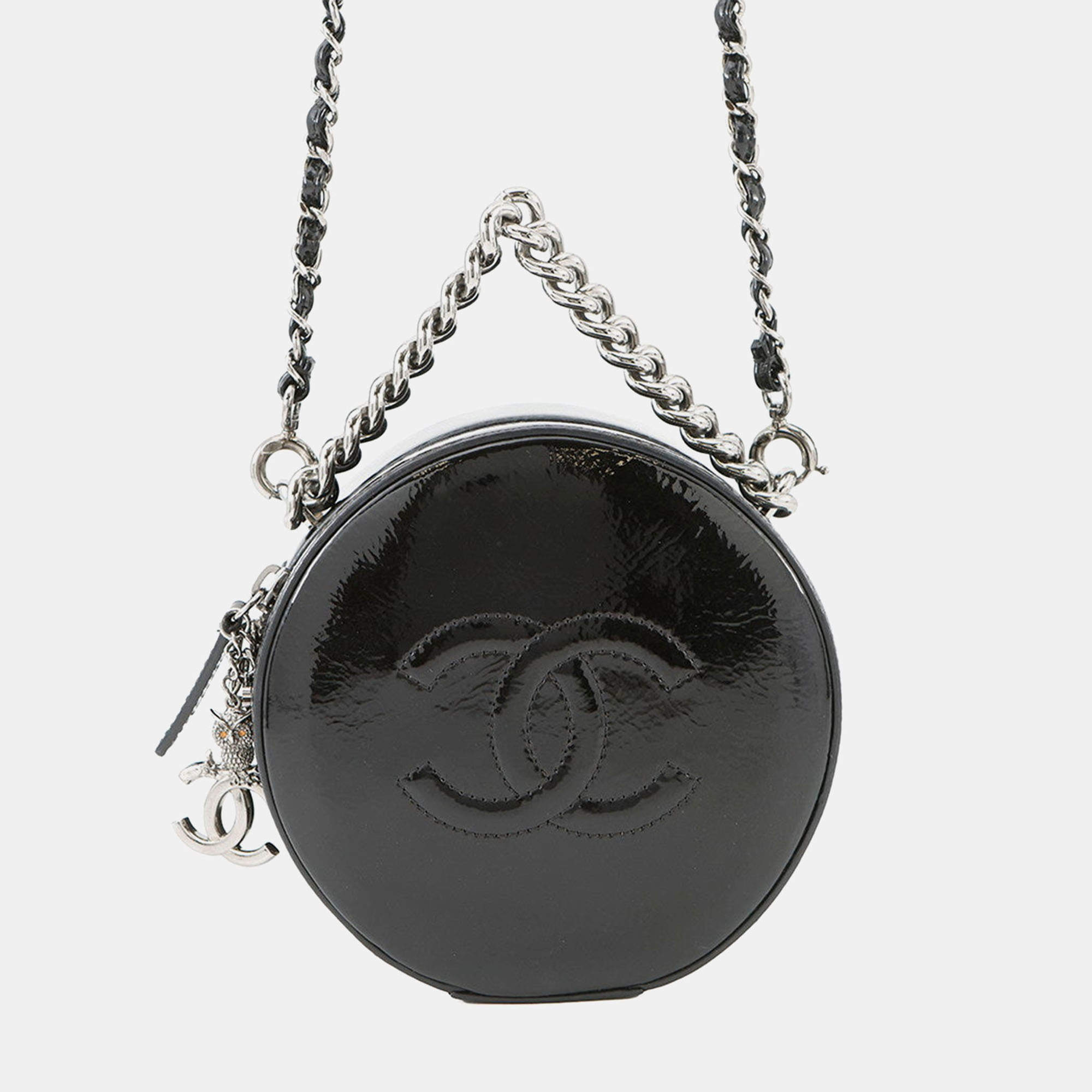 Pre Owned Chanel Double Chain Round Shoulder Bag Black Patent Leather