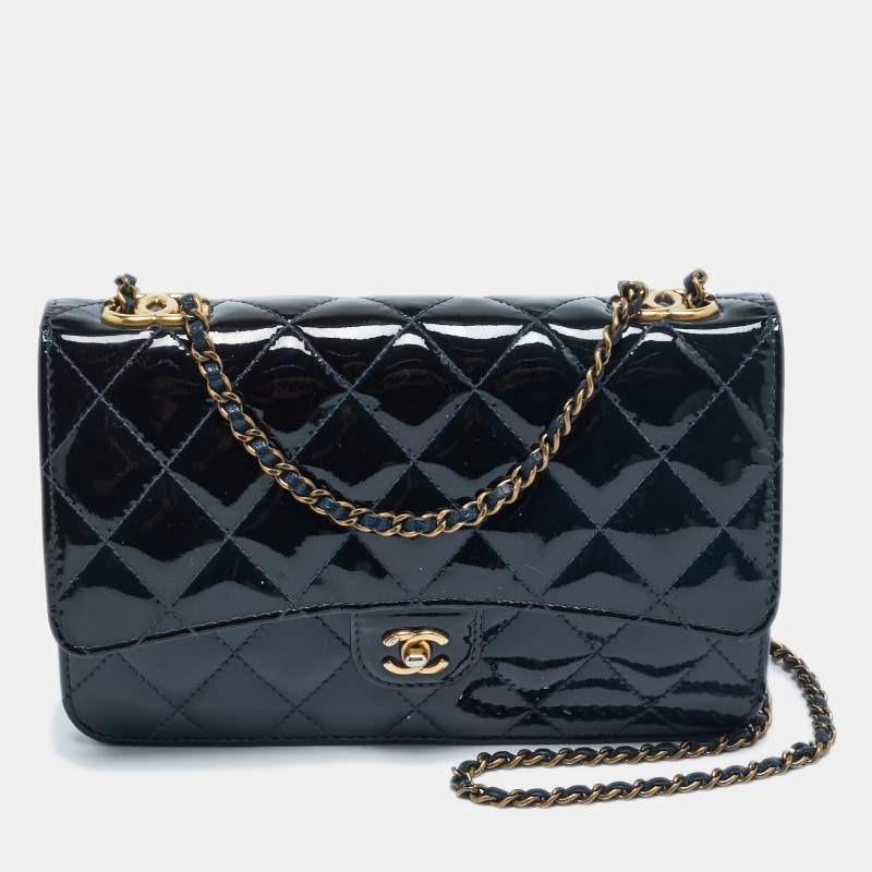 Pre Owned Chanel Navy Blue Quilted Patent Leather WOC Bag