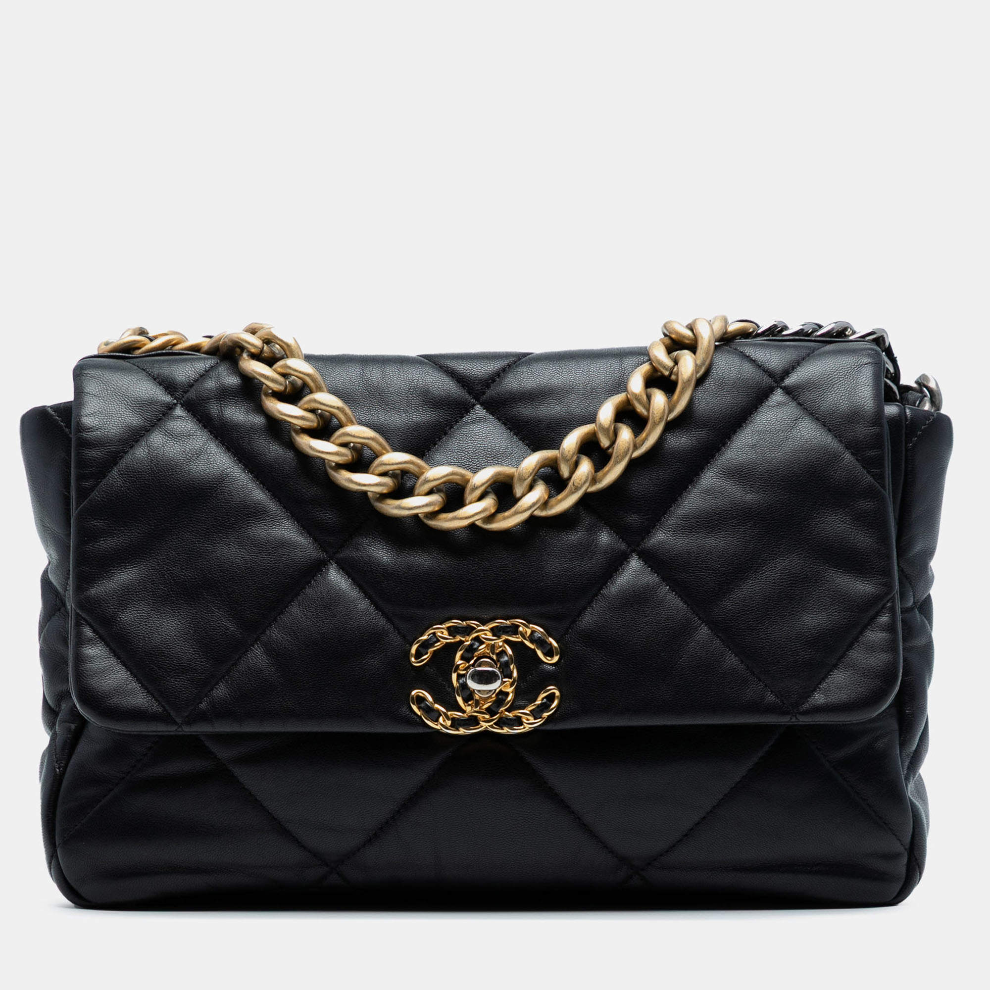Pre Owned Chanel Black Large Lambskin 19 Flap