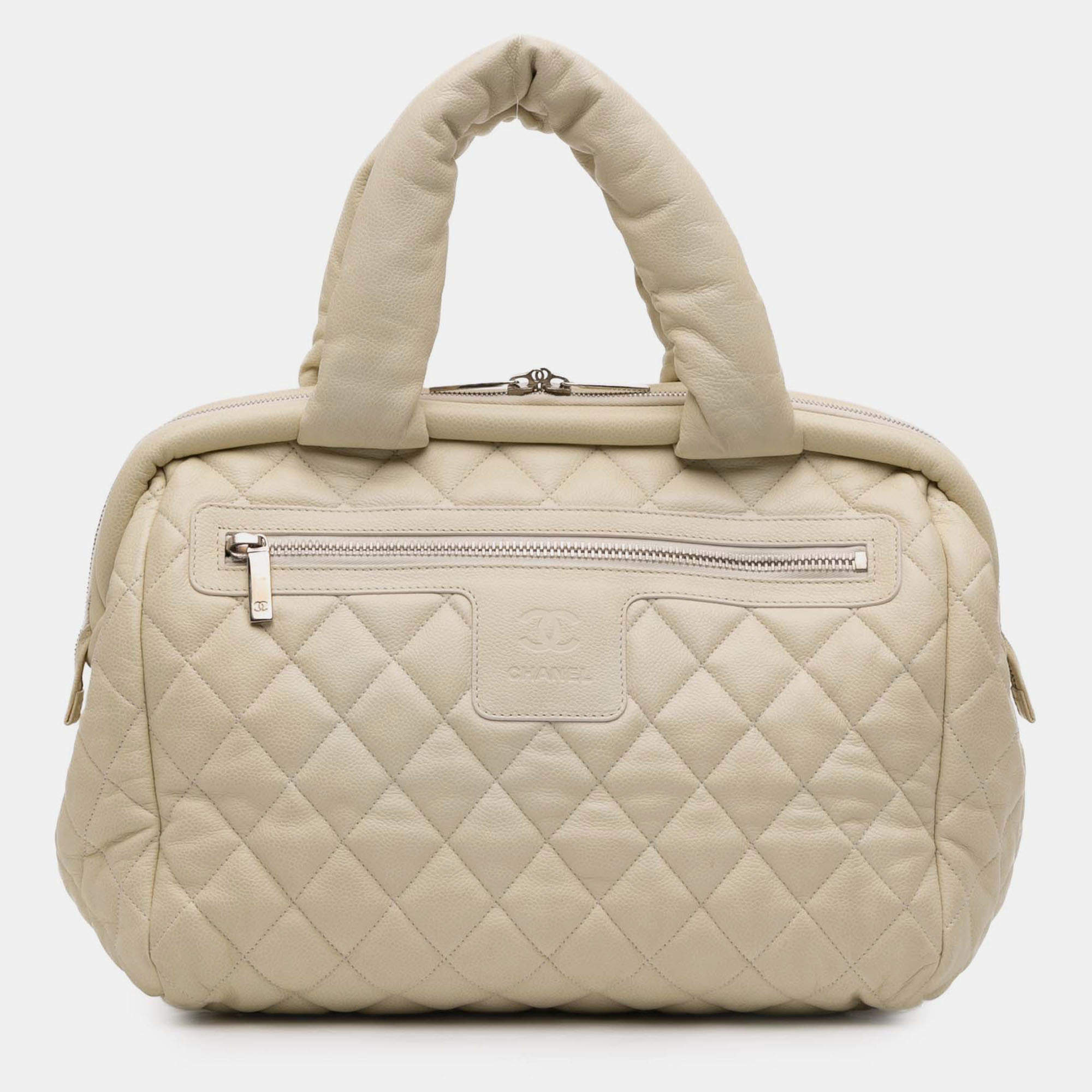 Pre Owned Chanel White Quilted Caviar Coco Cocoon Bowler Bag
