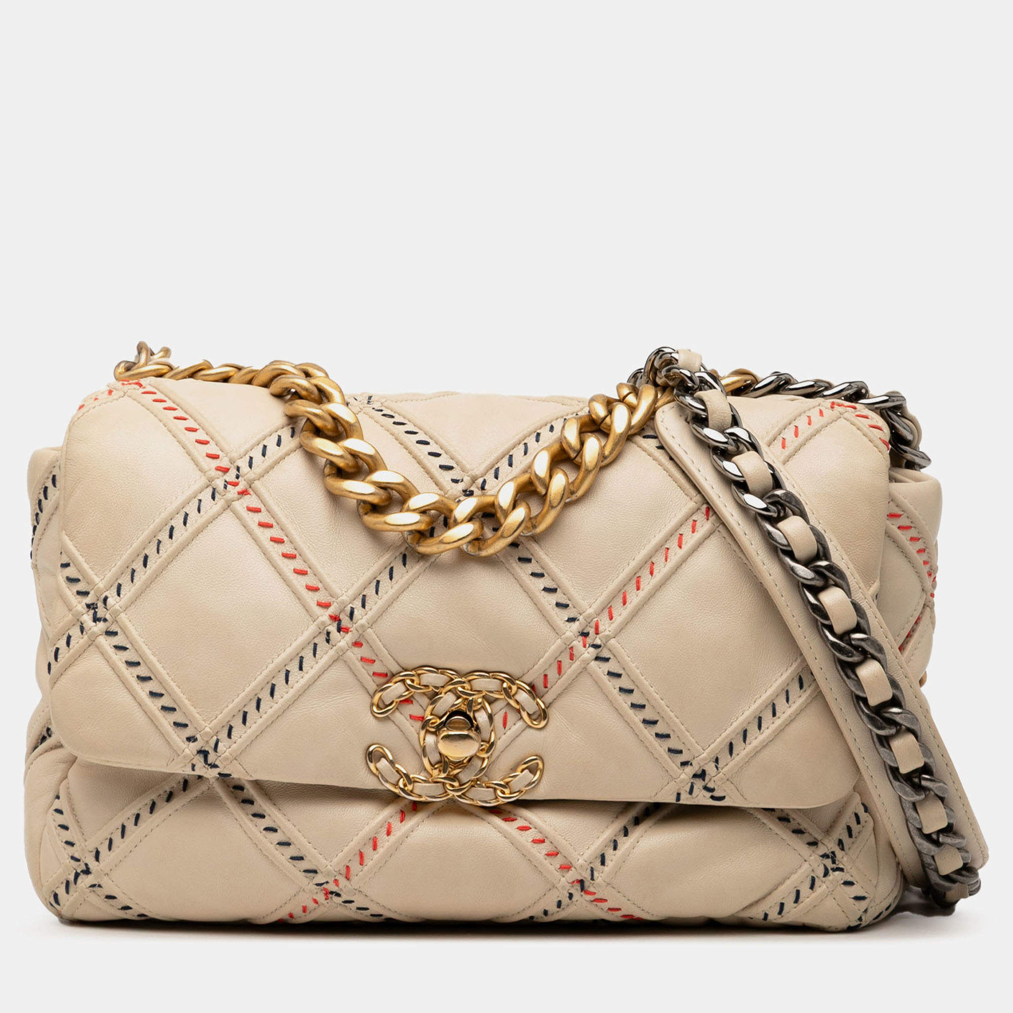 Pre Owned Chanel Brown Medium Lambskin Stitched 19 Flap