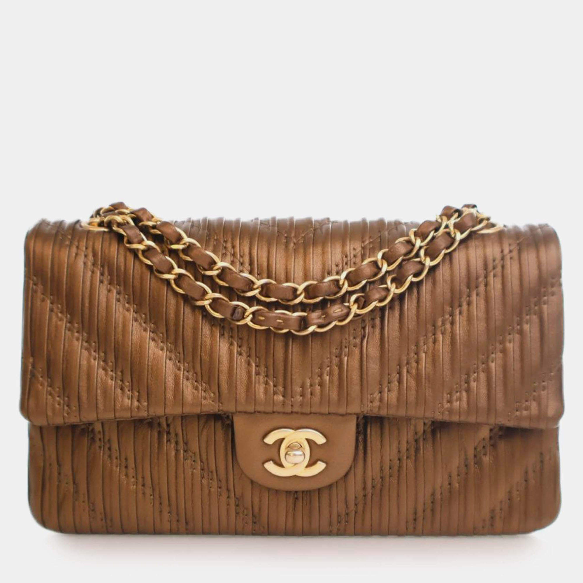 Pre Owned Chanel Brown Medium Classic Chevron Calfskin Pleated Double Flap