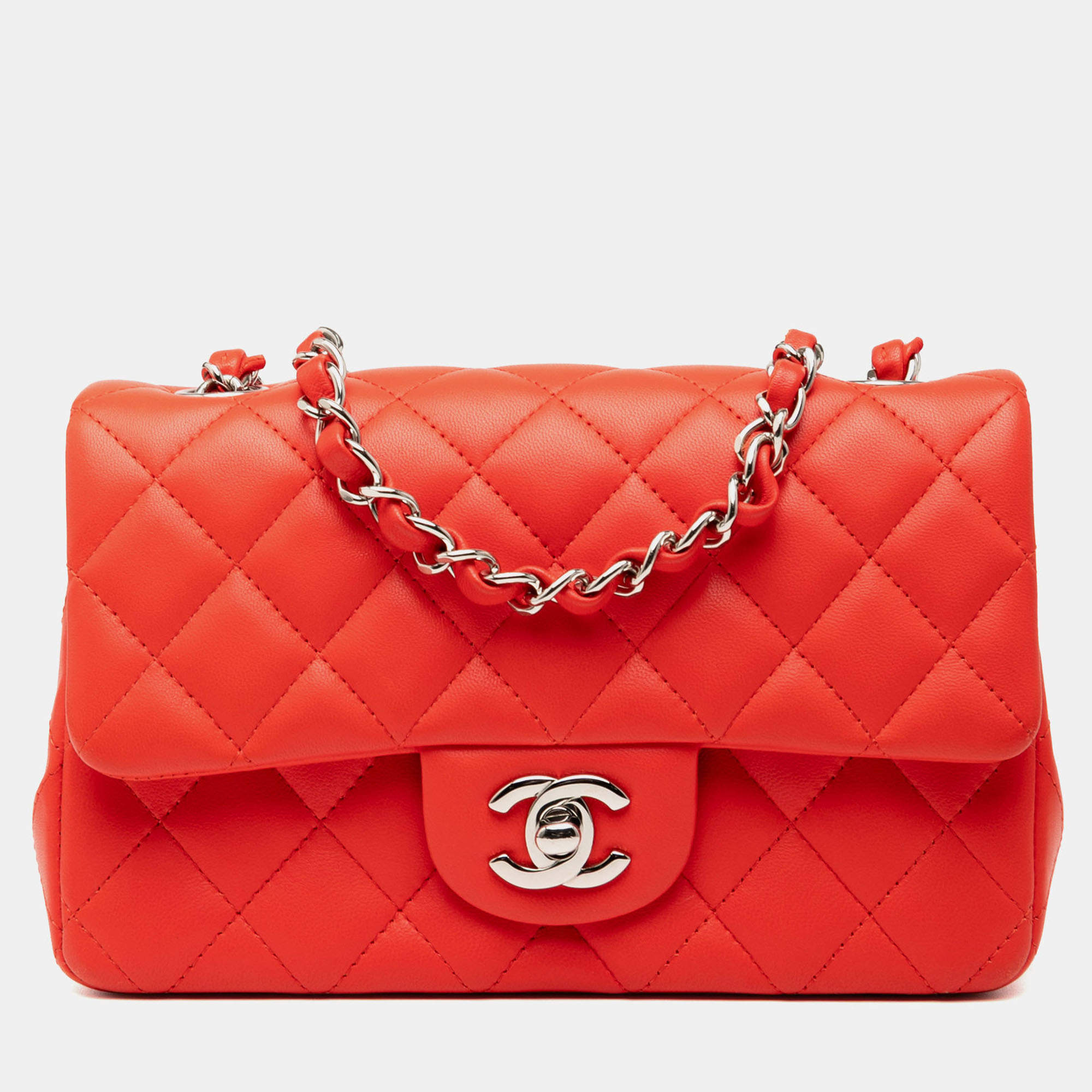 Pre Owned Chanel Red Mini Rectangular Classic Lambskin Single Flap