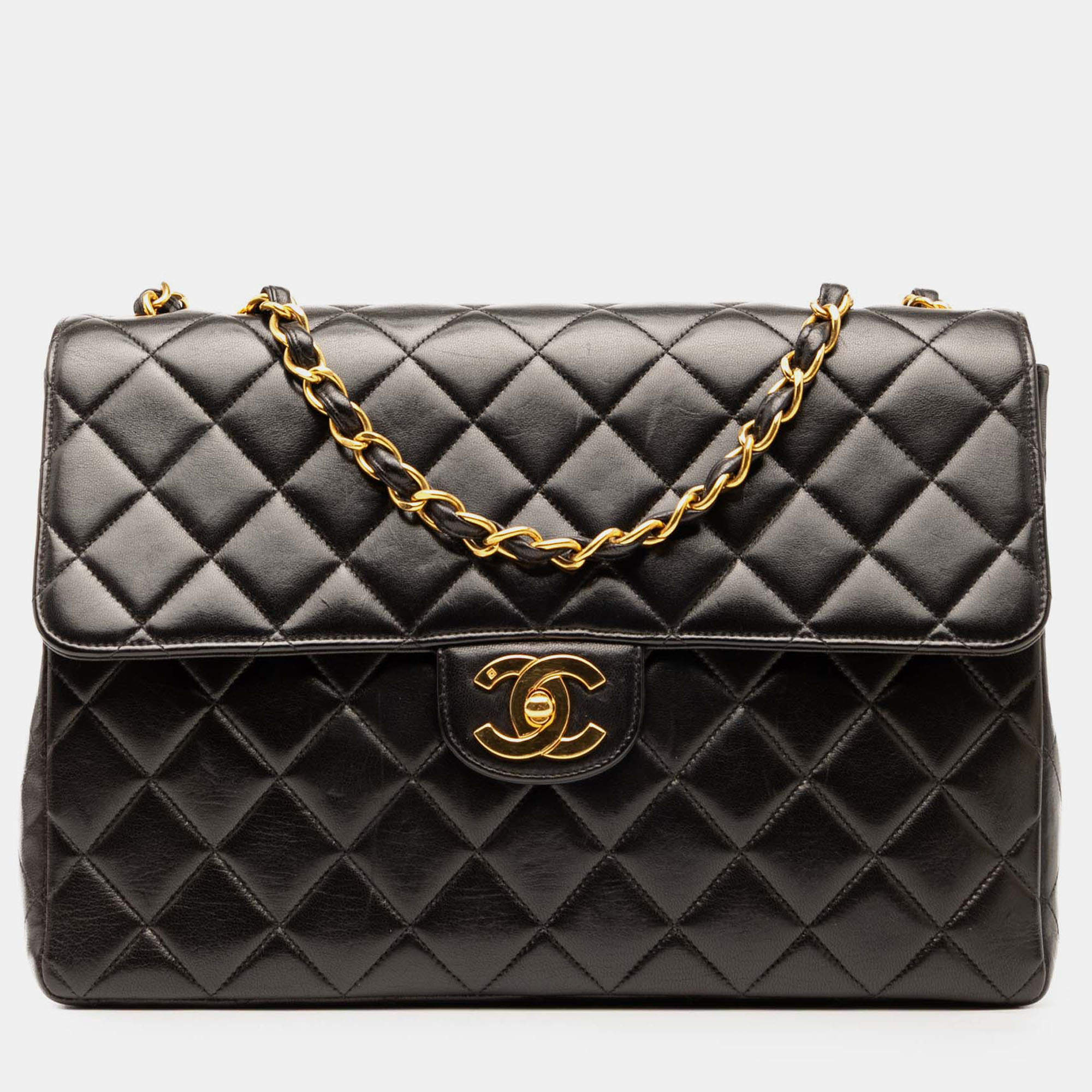 Pre Owned Chanel Black Jumbo Classic Lambskin Single Flap