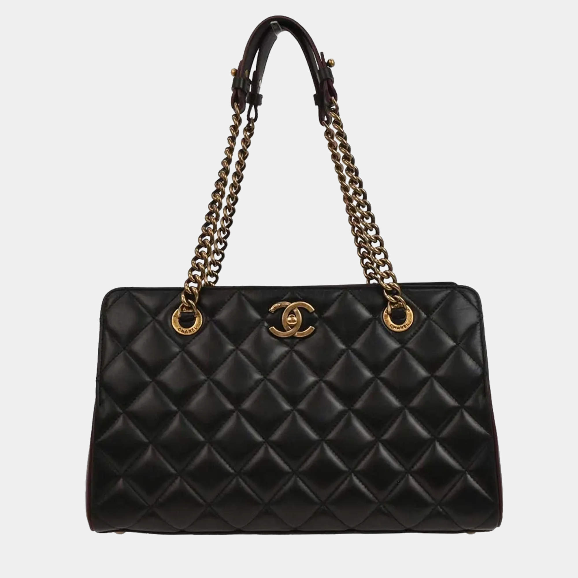 Pre Owned Chanel Black Lambskin Tote Chain Handbag