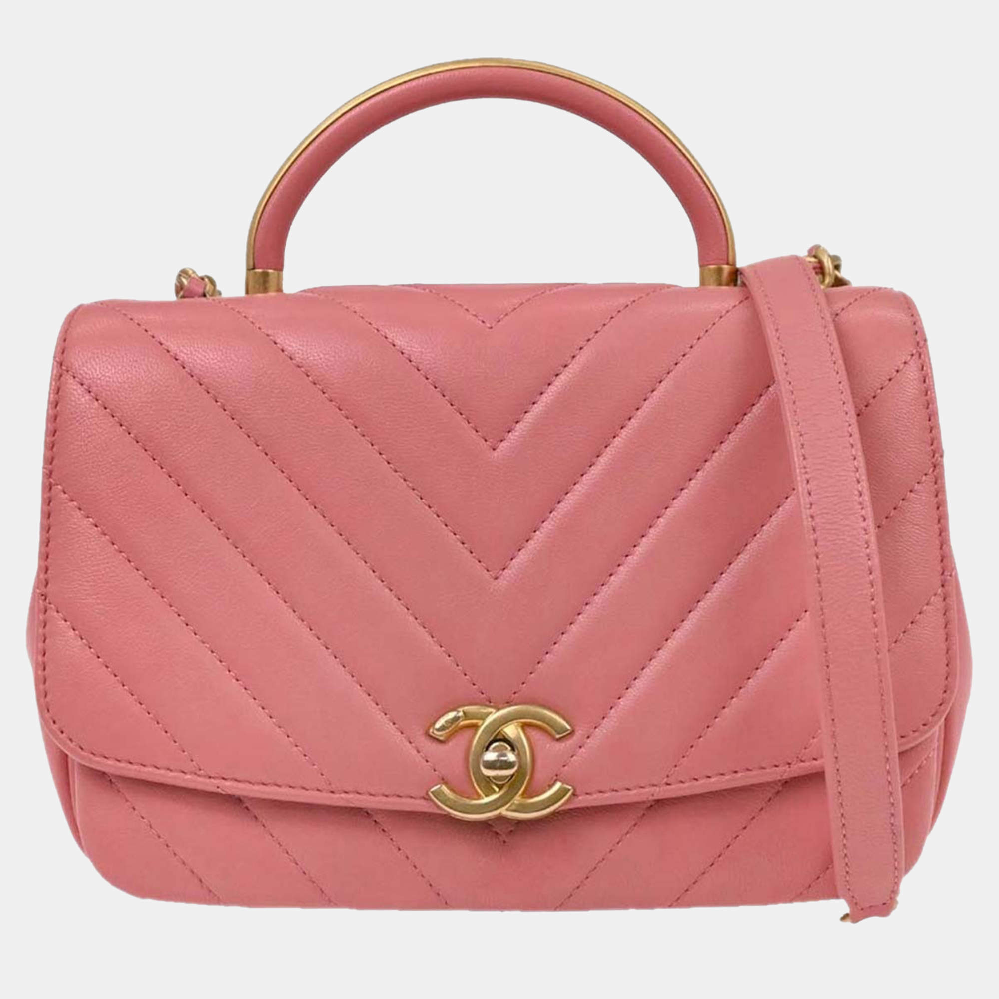 Pre Owned Chanel Pink Calfskin Chevron 2way Handbag