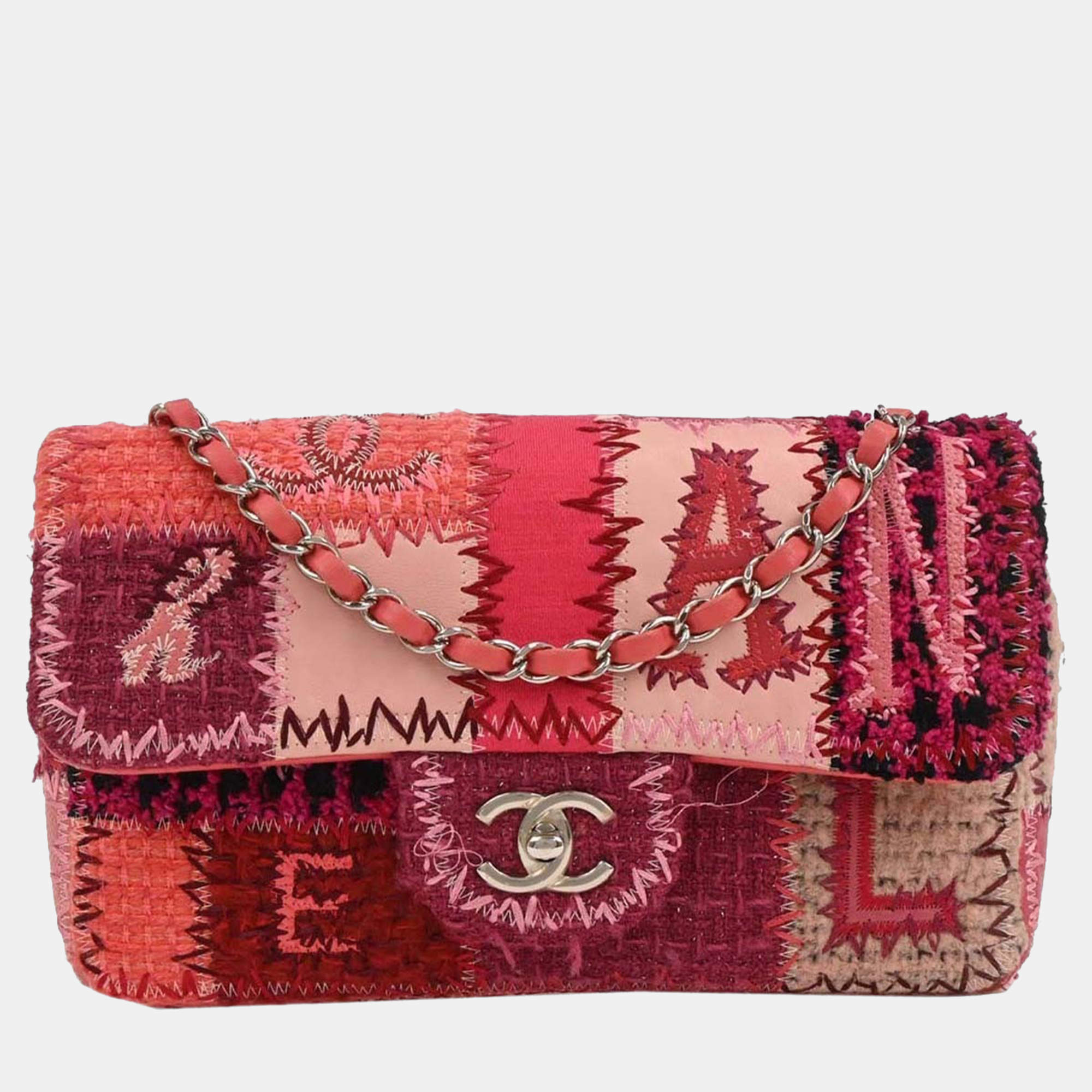 Pre Owned Chanel Pink Tweed Single Flap Patchwork Shoulder Bag