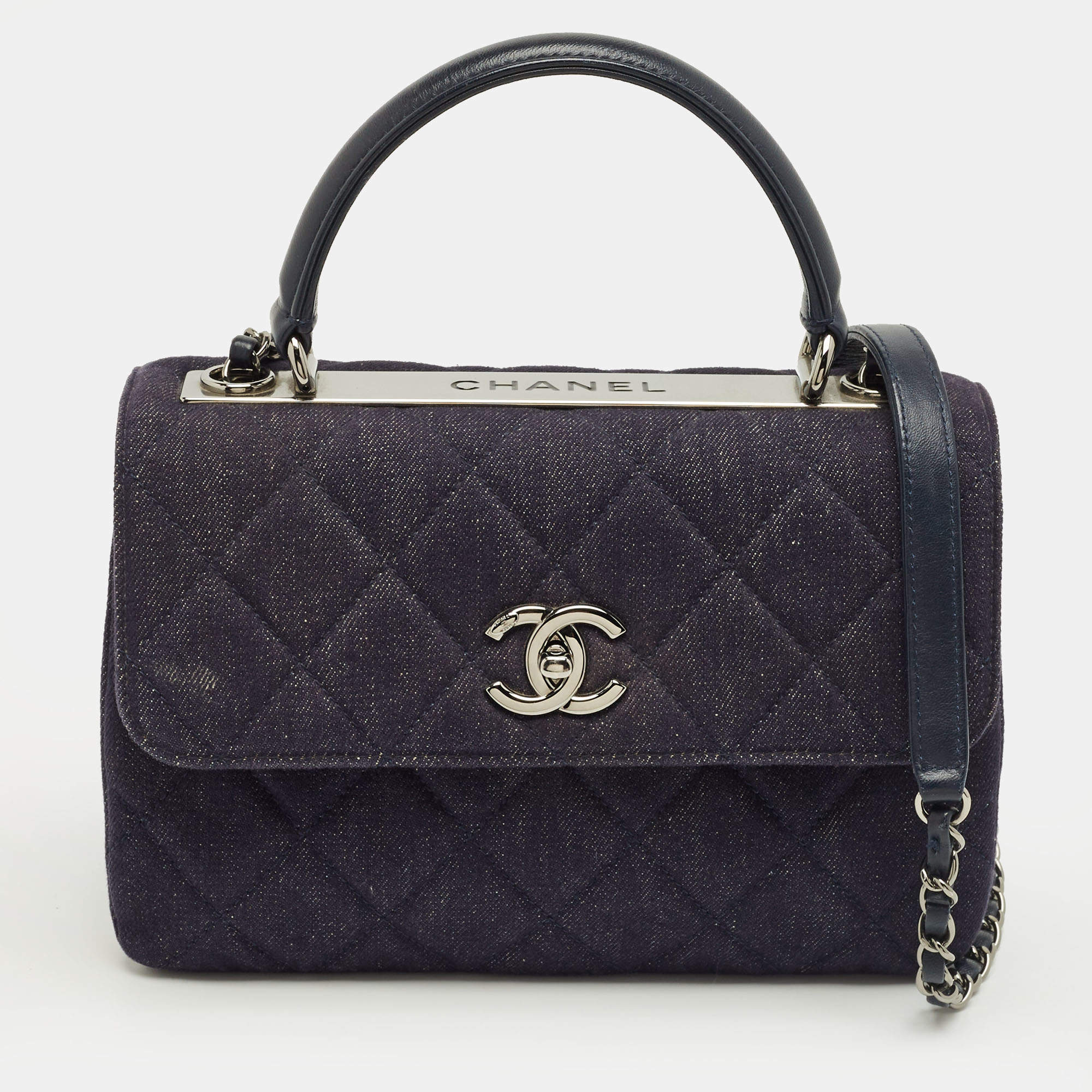 Pre Owned Chanel Navy Blue Quilted Denim Small Trendy CC Top Handle Bag