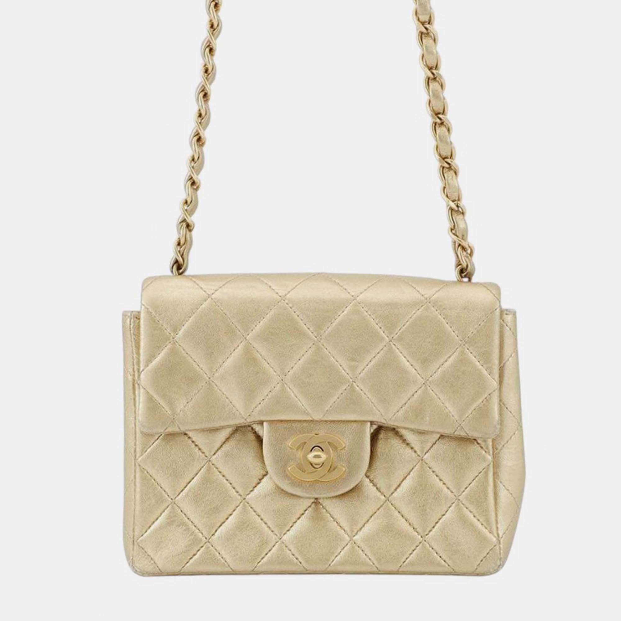 Pre Owned Chanel Gold Mini Square Classic Lambskin Single Flap