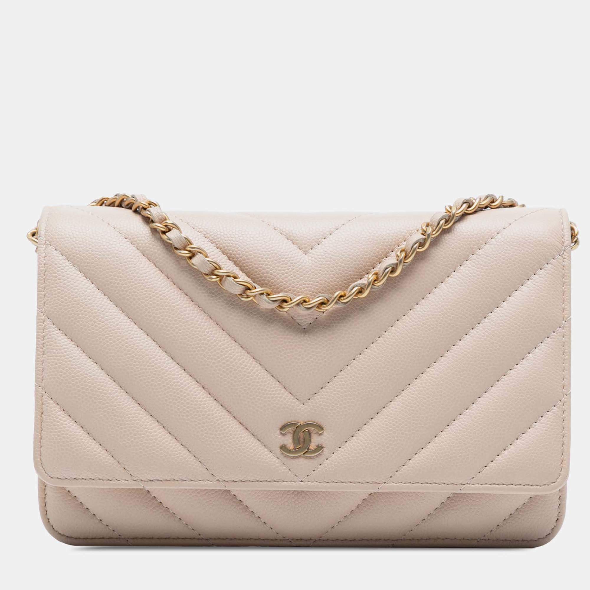 Pre Owned Chanel Beige Brown CC Chevron Caviar Ancient Greek Charms Wallet On Chain