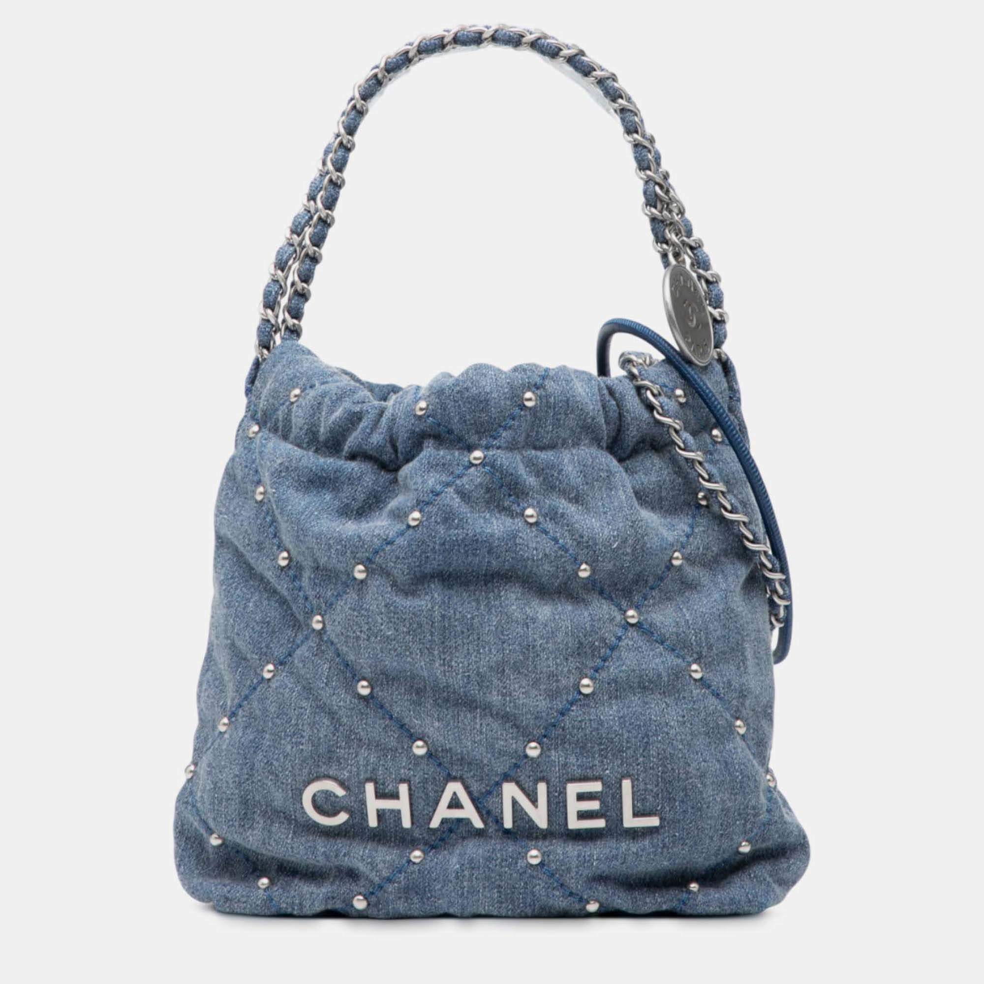 Pre Owned Chanel Blue Mini Denim Studded 22 Handbag