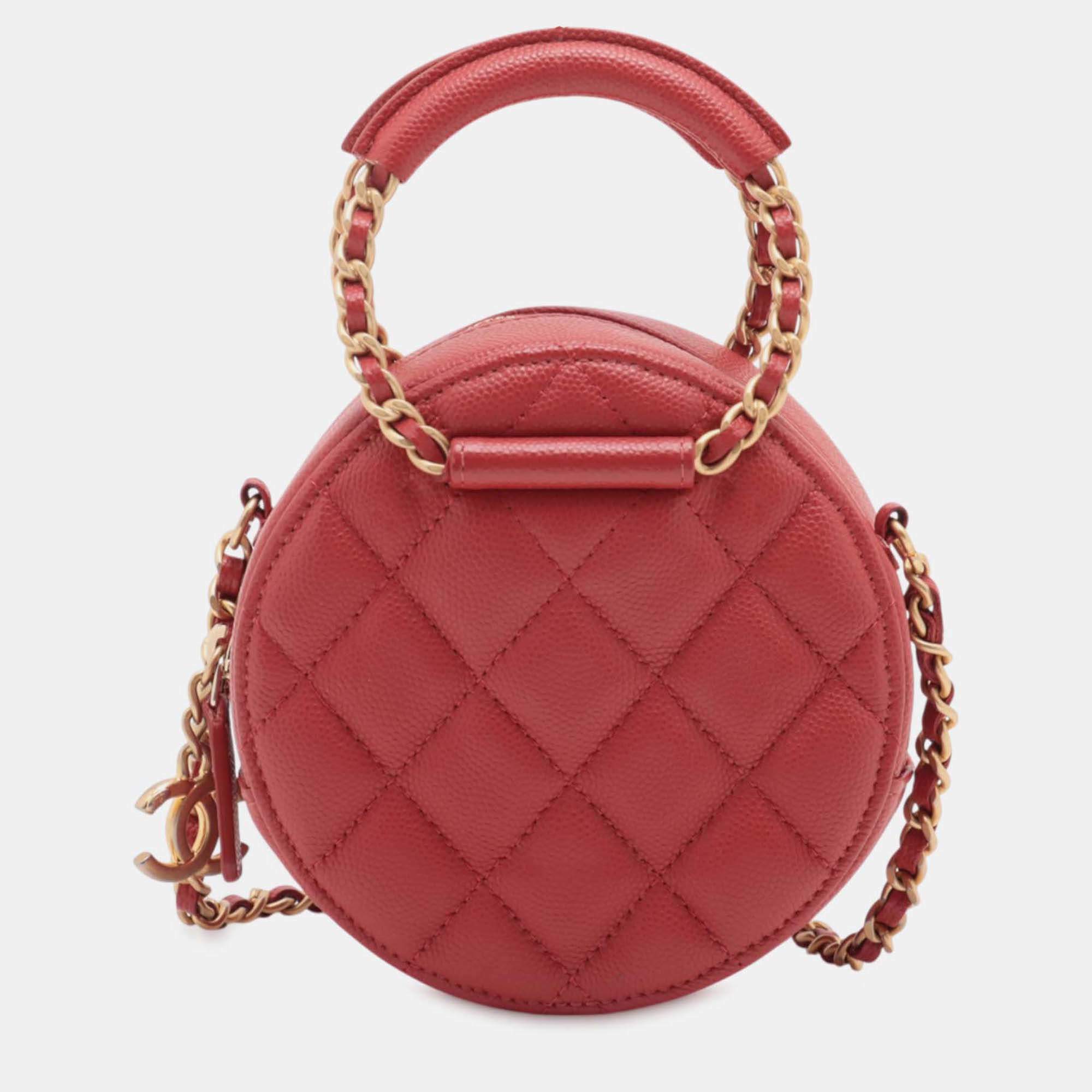 Pre Owned Chanel Red Quilted Caviar Round Woven Chain Top Handle Bag