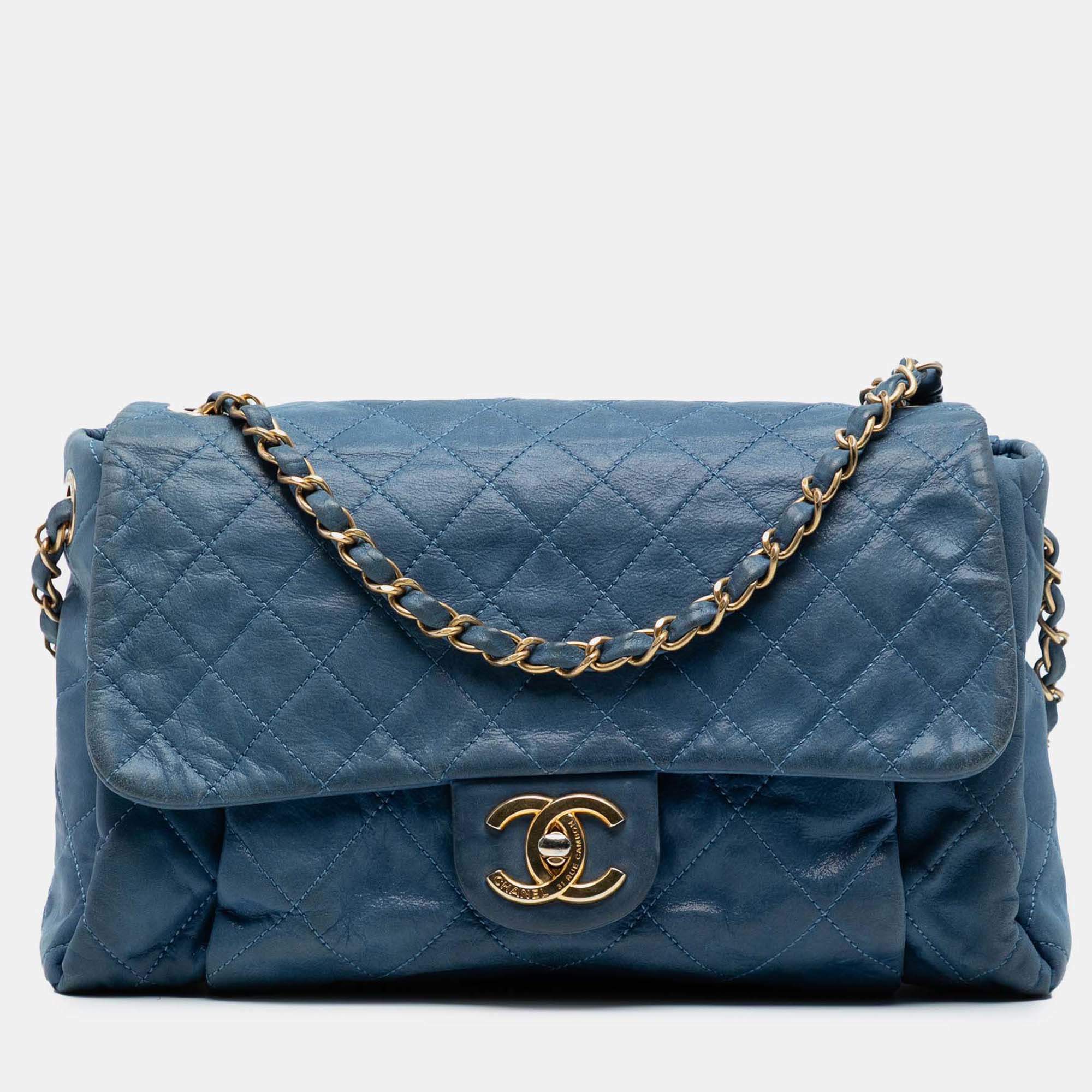 Pre Owned Chanel Blue Large Iridescent Calfskin Chic Quilt Flap