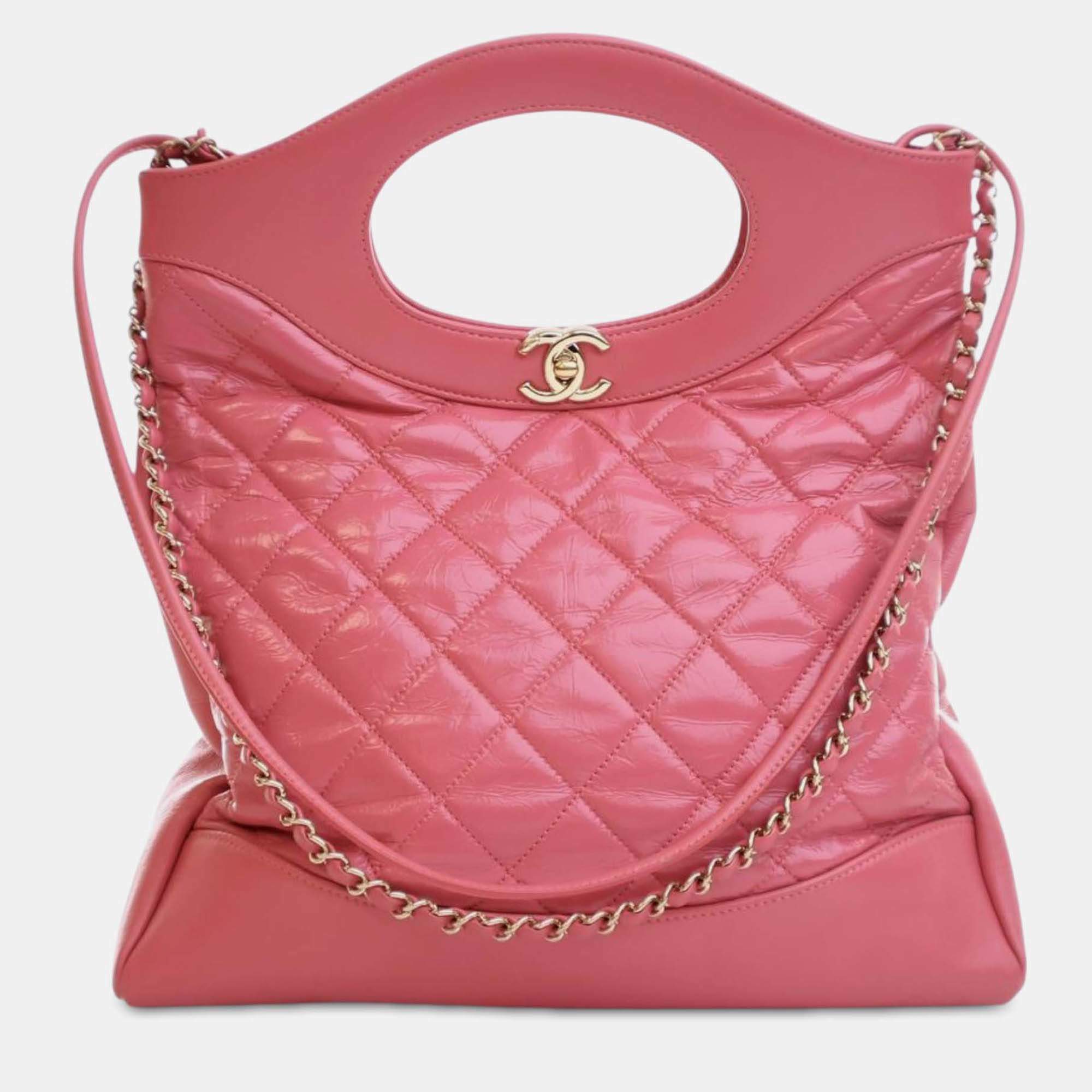 Pre Owned Chanel Pink Small Shiny Aged Calfskin 31 Shopping Bag
