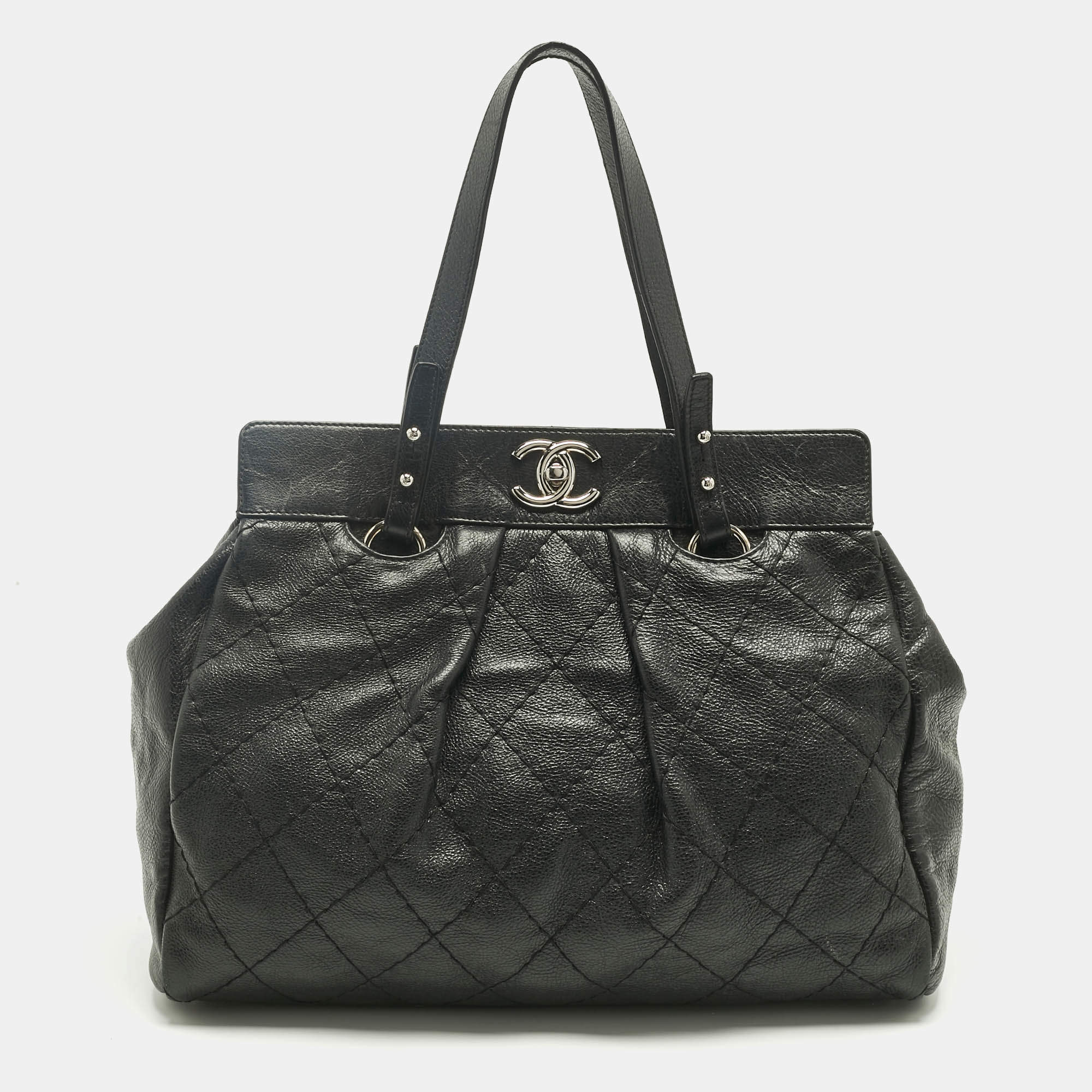 Pre Owned Chanel Black Quilted Caviar Leather On The Road Tote