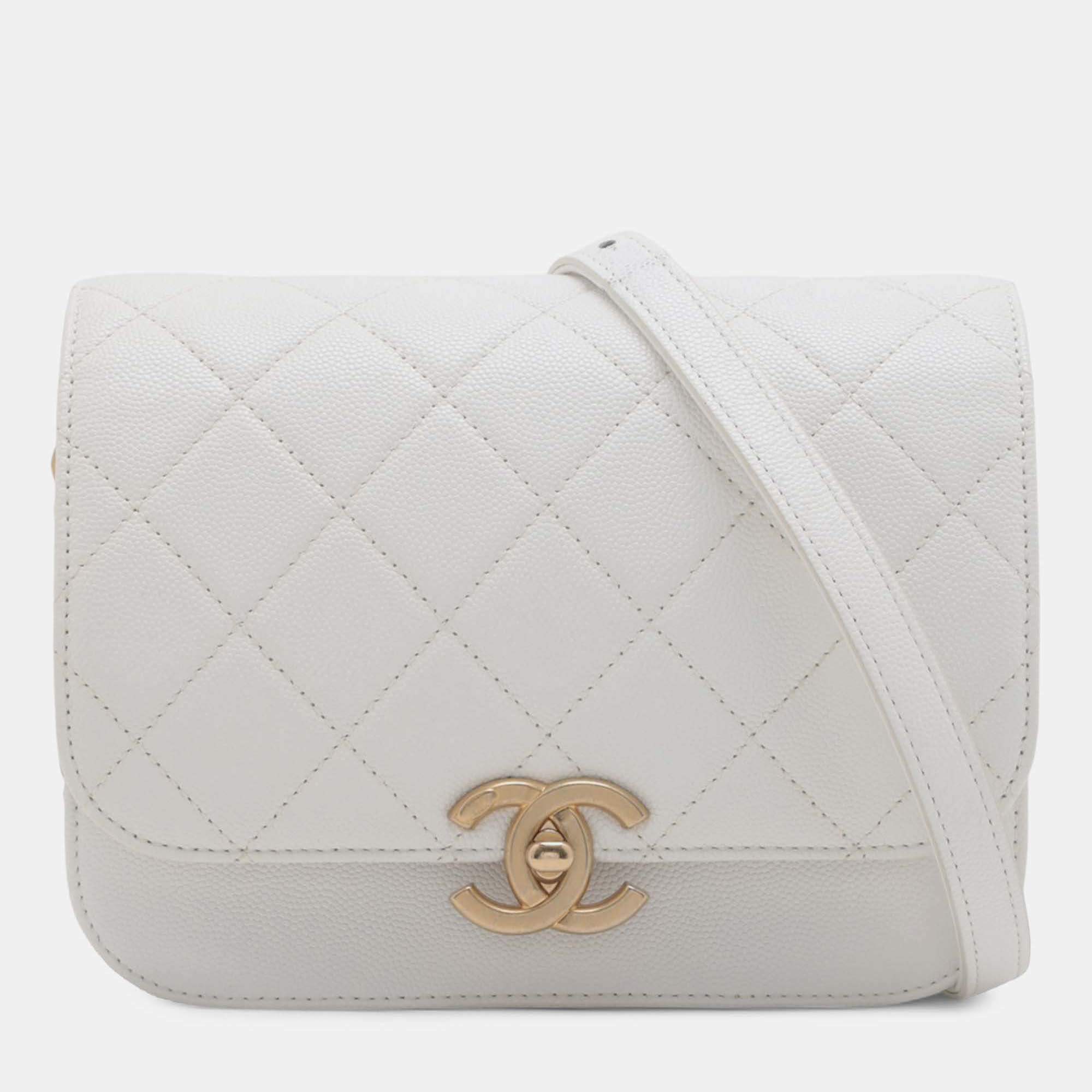 Pre Owned Chanel White CC Quilted Caviar Flap Crossbody