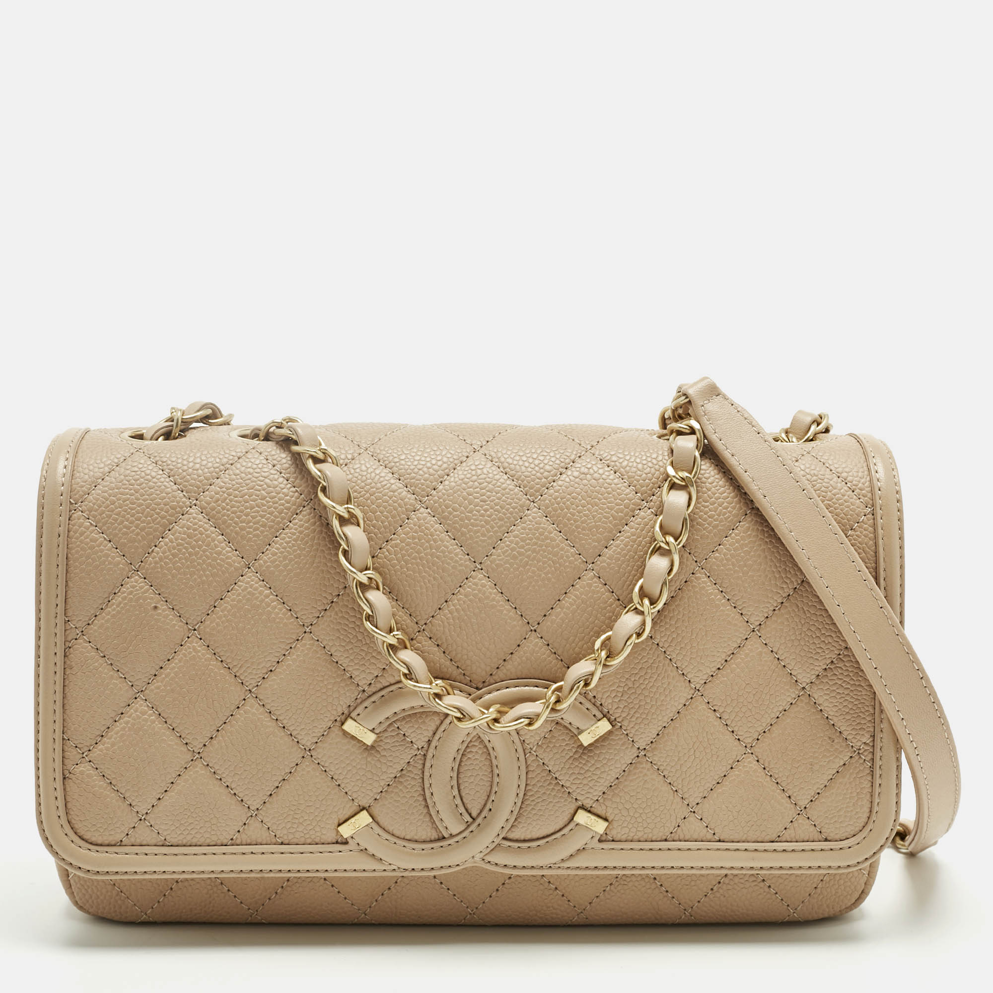 Pre Owned Chanel Blush Pink Quilted Caviar Leather Medium CC Filigree Flap Bag
