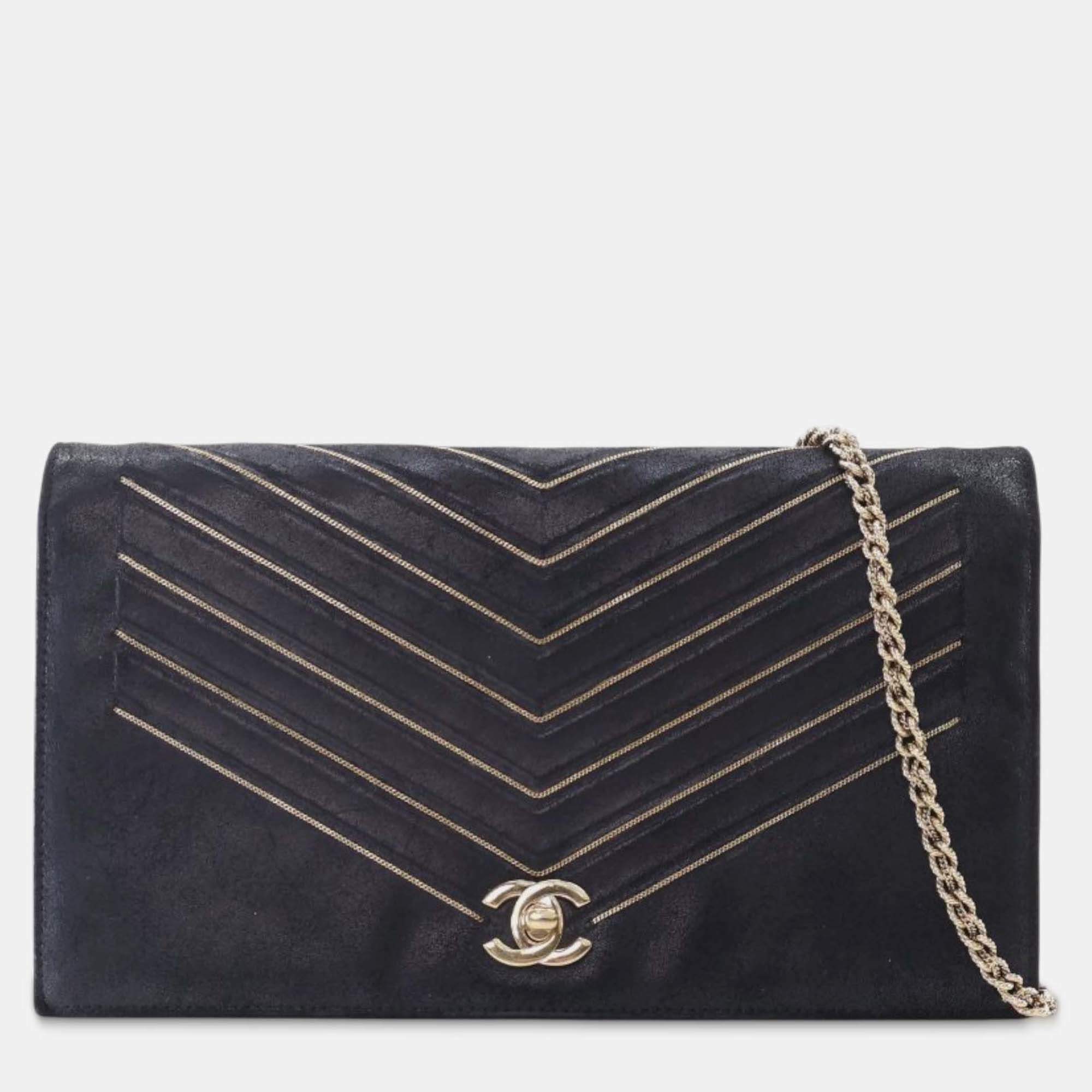 Pre Owned Chanel Black Chevron Nubuck Micro Chain Embellished Flap