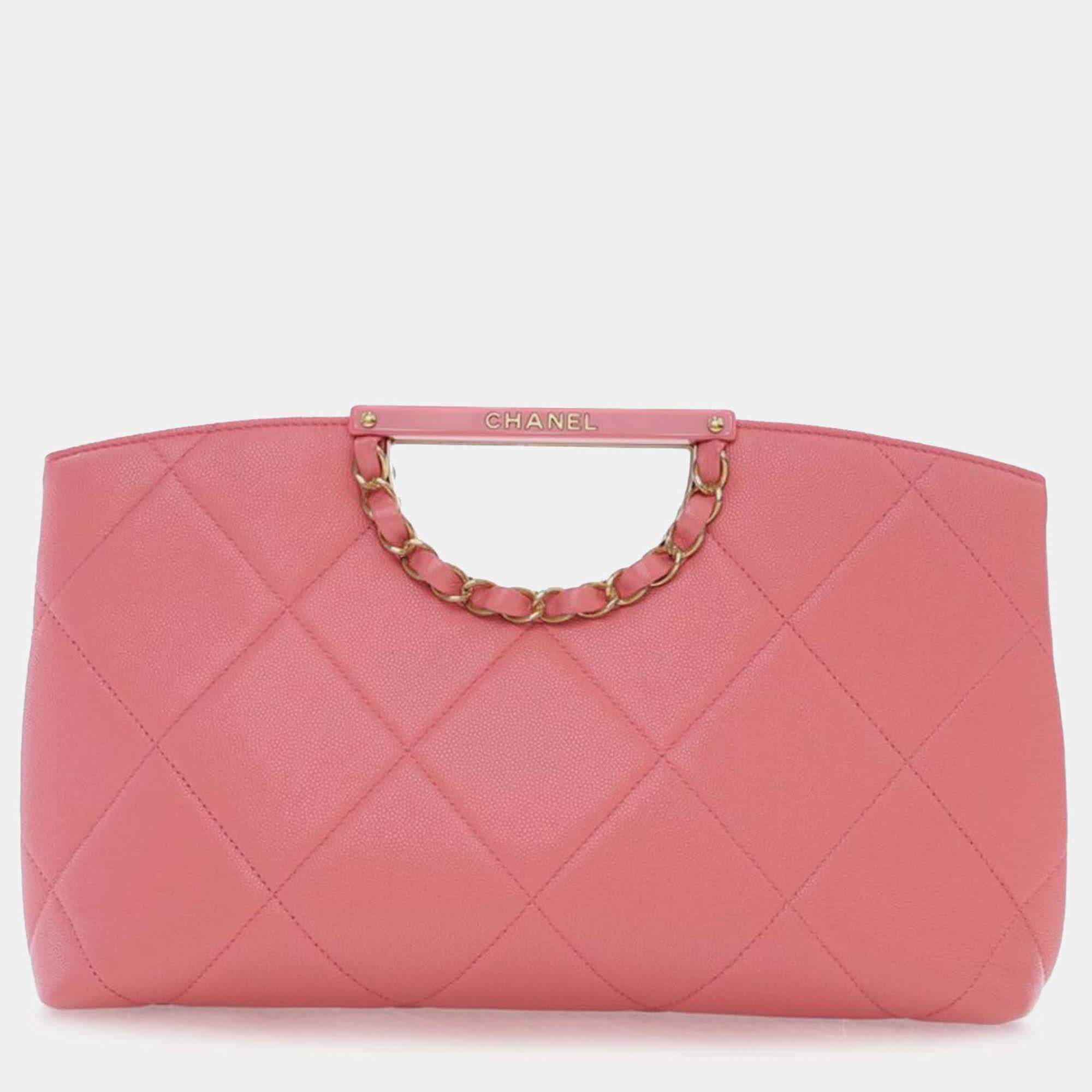 Pre Owned Chanel Pink Quilted Caviar A Real Catch Clutch