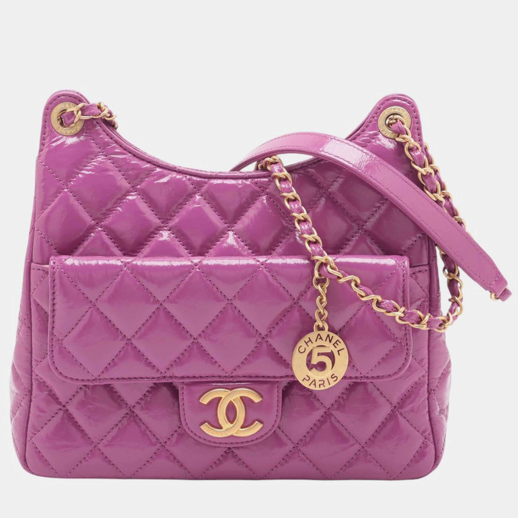 Pre Owned Chanel Purple Medium Shiny Crumpled Calfskin Wavy CC Hobo