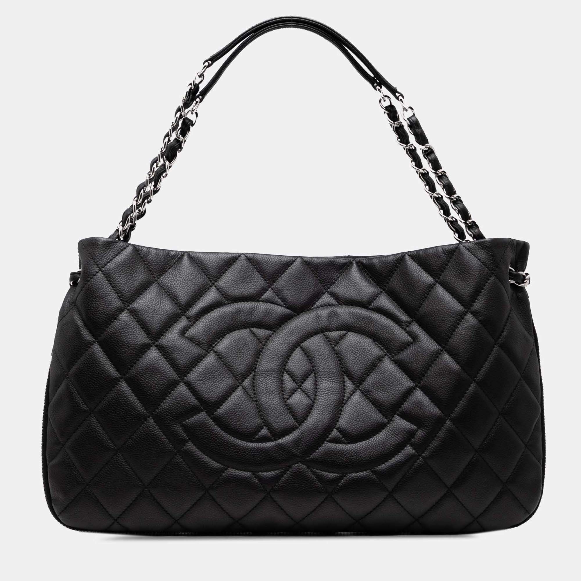 Pre Owned Chanel Black CC Quilted Caviar Expandable Tote