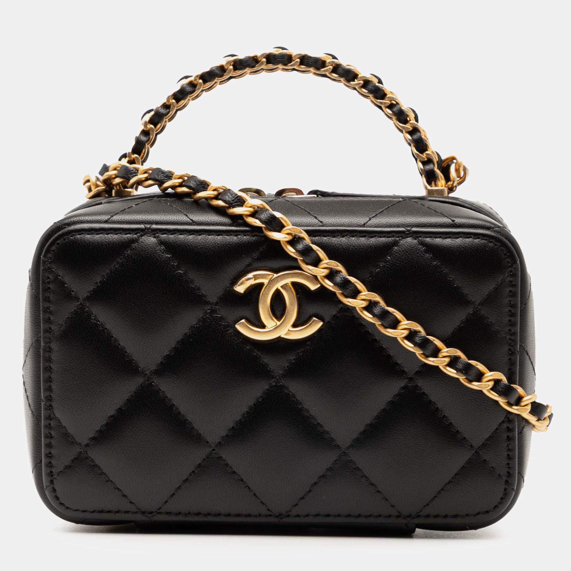 Pre Owned Chanel Black Mini CC Quilted Lambskin Chain Top Handle Vanity Case